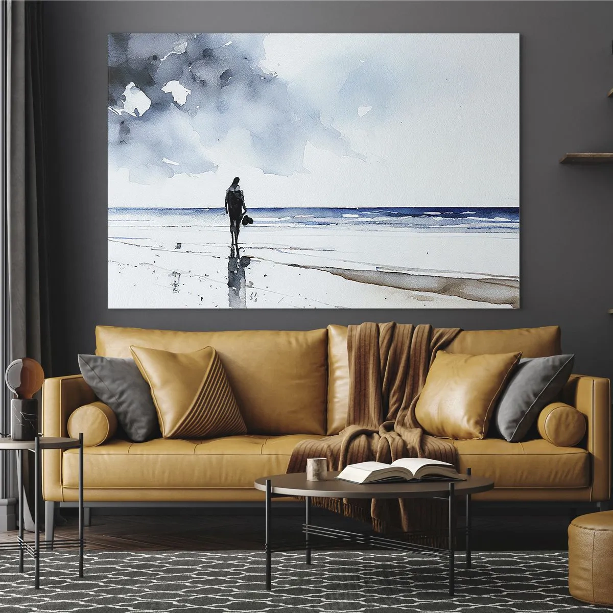 Tablou pe sticlă - Silueta unei persoane pe malul mării în acuarelă delicată - 70x50cm - Vorbind cu marea - Decorațiune modernă pentru perete pentru living și dormitor ARTTOR