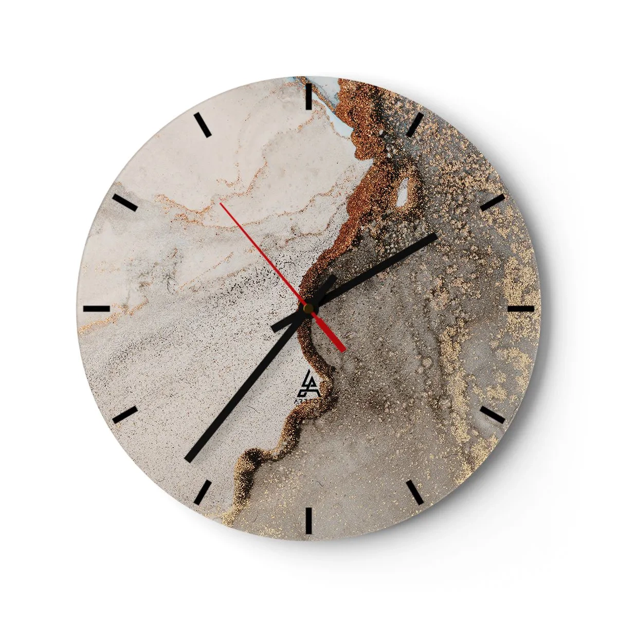 Ceas de perete - Ceas pe sticlă - O compoziție abstractă în nuanțe de auriu și gri. - 30x30cm - La granița culorilor - Decorațiune modernă pentru perete pentru living, bucătărie și dormitor ARTTOR