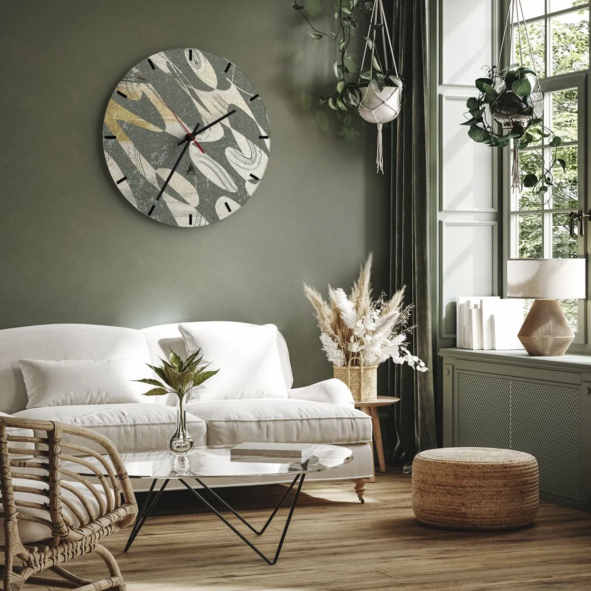 Ceas de perete - Ceas pe sticlă - Forme organice, ritmice pe un fundal măsliniu - 30x30cm - Abstracție ritmică - Decorațiune modernă pentru perete pentru living, bucătărie și dormitor ARTTOR