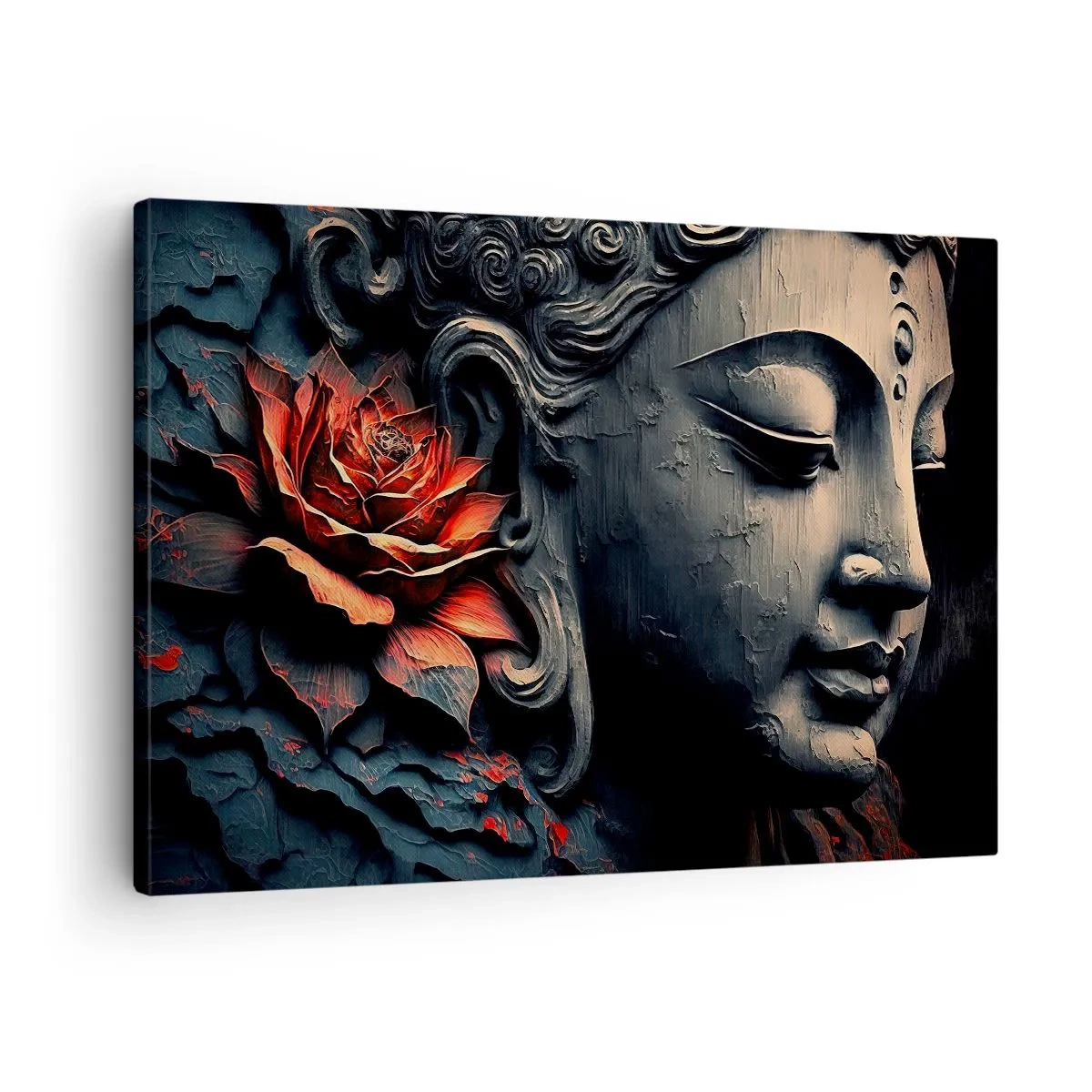 Tablou pe pânză Canvas - Sculptură de Buddha cu o floare de lotus roșie - 70x50cm - În ton cu lumea - Decorațiune modernă pentru perete pentru living și dormitor ARTTOR