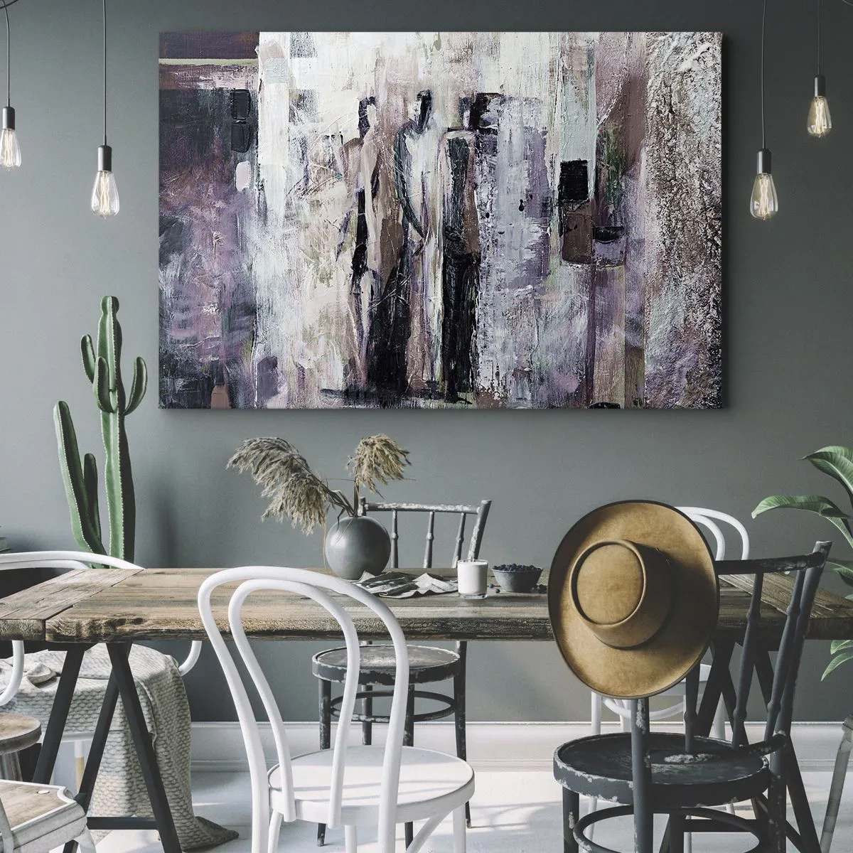 Tablou pe pânză Canvas - O compoziție abstractă cu trei figuri în culori pastelate. - 70x50cm - Cei trei misterioși - Decorațiune modernă pentru perete pentru living și dormitor ARTTOR