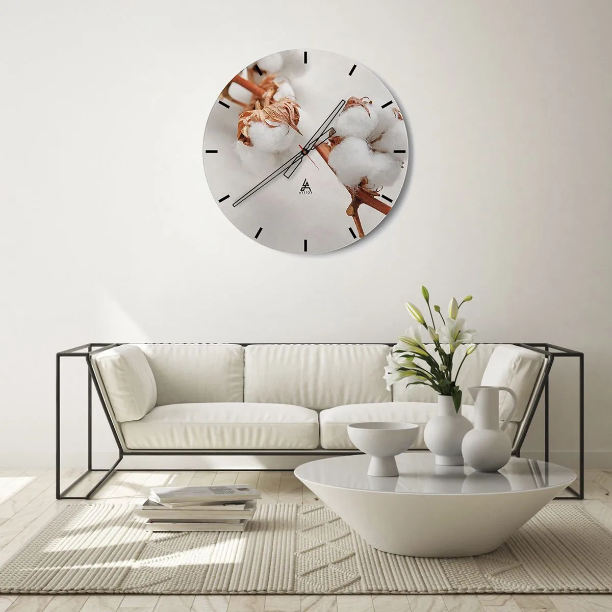 Ceas de perete - Ceas pe sticlă - Flori albe de bumbac pufoase pe un fundal deschis - 30x30cm - Numai îmbrățișări - Decorațiune modernă pentru perete pentru living, bucătărie și dormitor ARTTOR