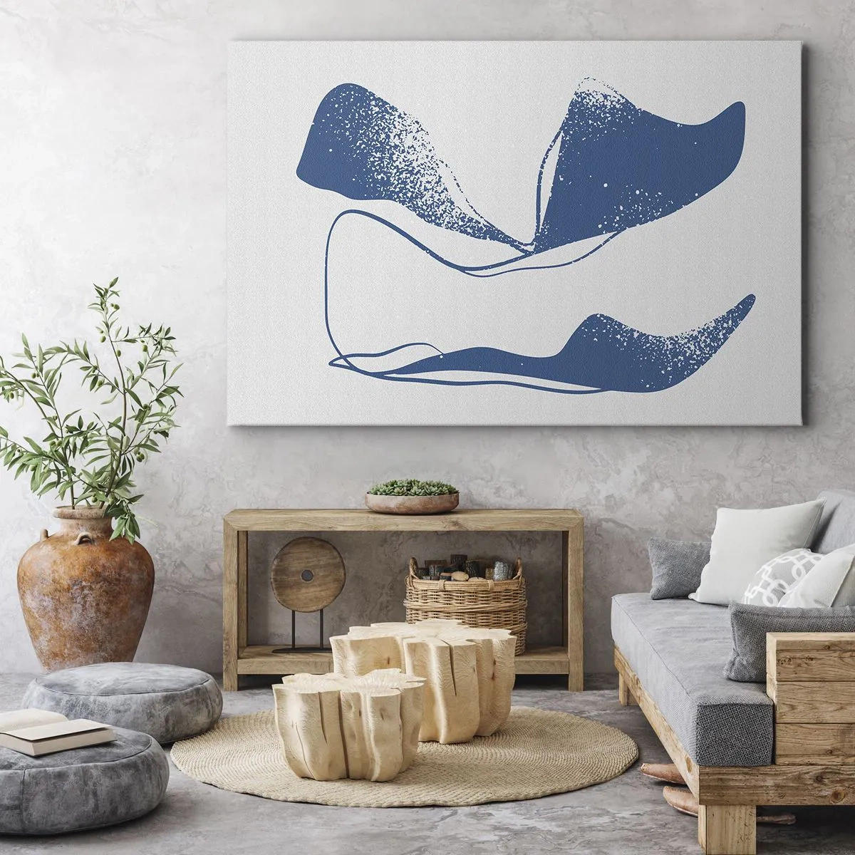 Tablou pe pânză Canvas - Forme abstracte în nuanțe albastre pe fundal alb - 70x50cm - Abstracție înaripată - Decorațiune modernă pentru perete pentru living și dormitor ARTTOR