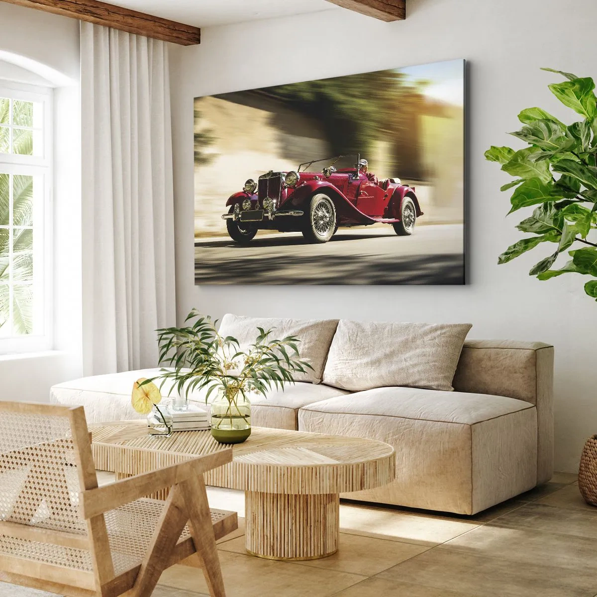 Tablou pe pânză Canvas - Mașină clasică roșie în mișcare pe o stradă însorită - 70x50cm - Mai frumoasă decât Nike din Samothrace - Decorațiune modernă pentru perete pentru living și dormitor ARTTOR