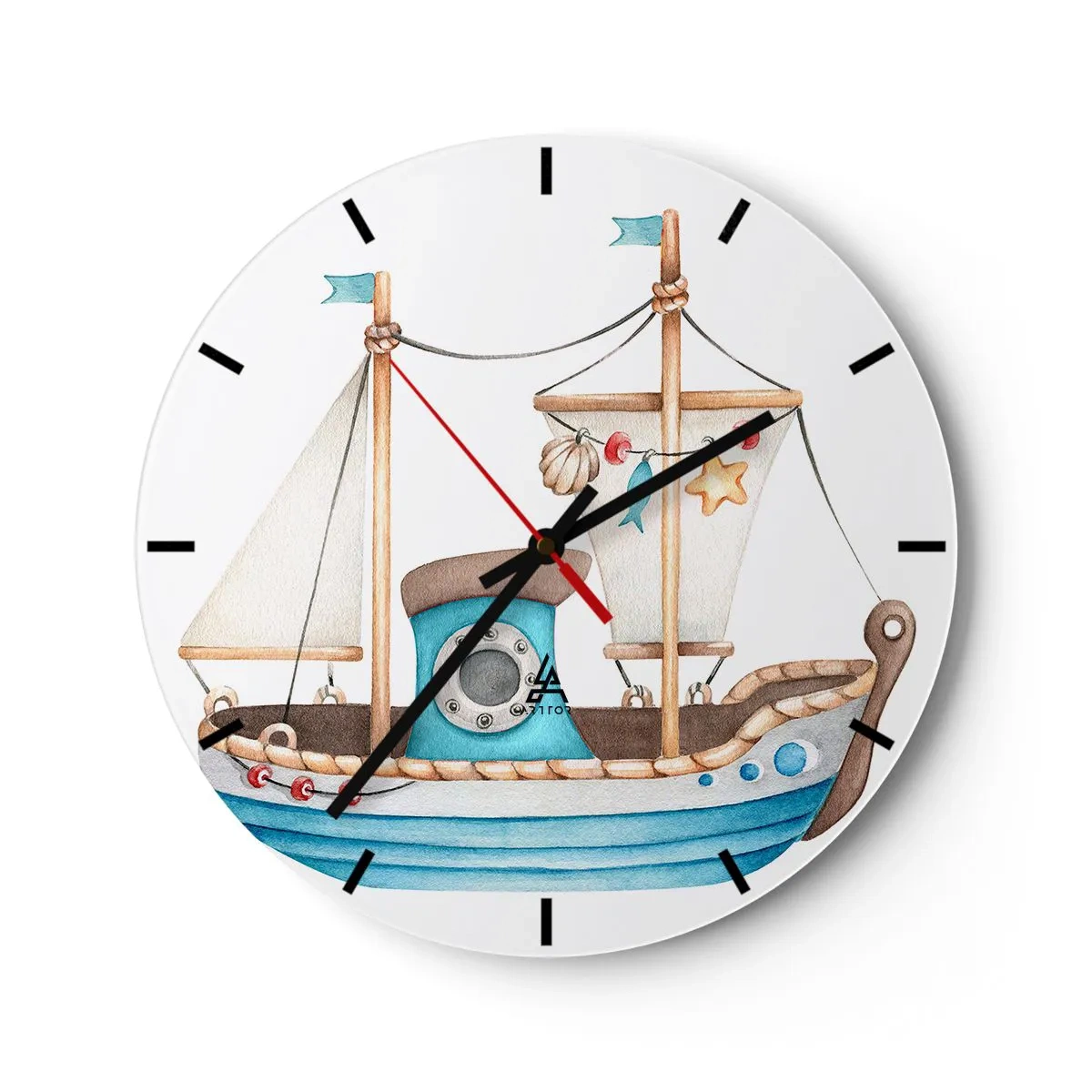 Ceas de perete - Ceas pe sticlă - Barcă cu pânze ilustrată pentru copii cu decorațiuni nautice - 30x30cm - Ahoy aventura! - Decorațiune modernă pentru perete pentru living, bucătărie și dormitor ARTTOR