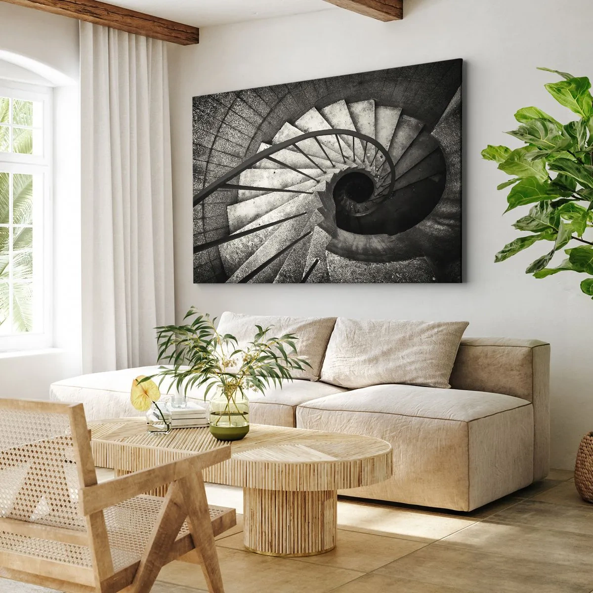 Tablou pe pânză Canvas - Scară în spirală alb-negru în stil modern - 70x50cm - În sus și în jos - Decorațiune modernă pentru perete pentru living și dormitor ARTTOR