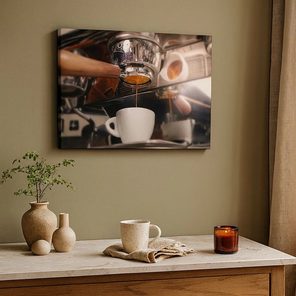 Tablou pe pânză Canvas - Prim-plan al unui aparat de cafea care pregătește un espresso proaspăt - 70x50cm - Cel mai bun moment al zilei - Decorațiune modernă pentru perete pentru living și dormitor ARTTOR