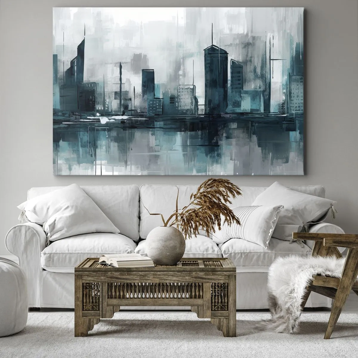 Tablou pe pânză Canvas - Un oraș modern în nuanțe de turcoaz și gri - 70x50cm - Un oraș de culoarea ploii - Decorațiune modernă pentru perete pentru living și dormitor ARTTOR