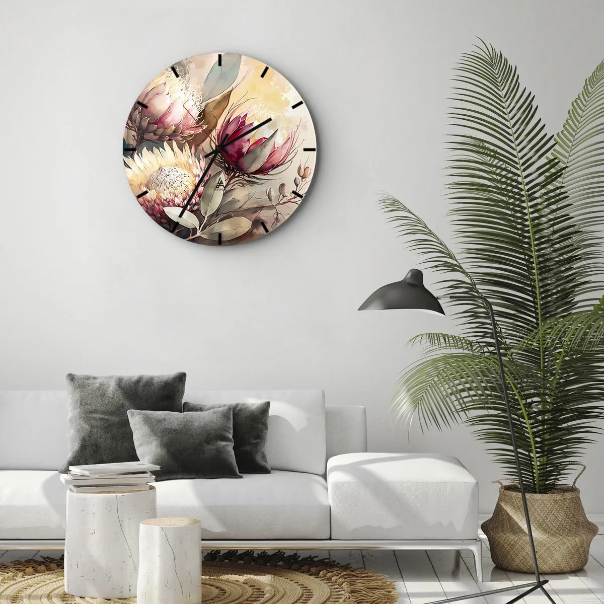 Ceas de perete - Ceas pe sticlă - Flori artistice de protea pe un fundal deschis - 30x30cm - Profil și en face - Decorațiune modernă pentru perete pentru living, bucătărie și dormitor ARTTOR