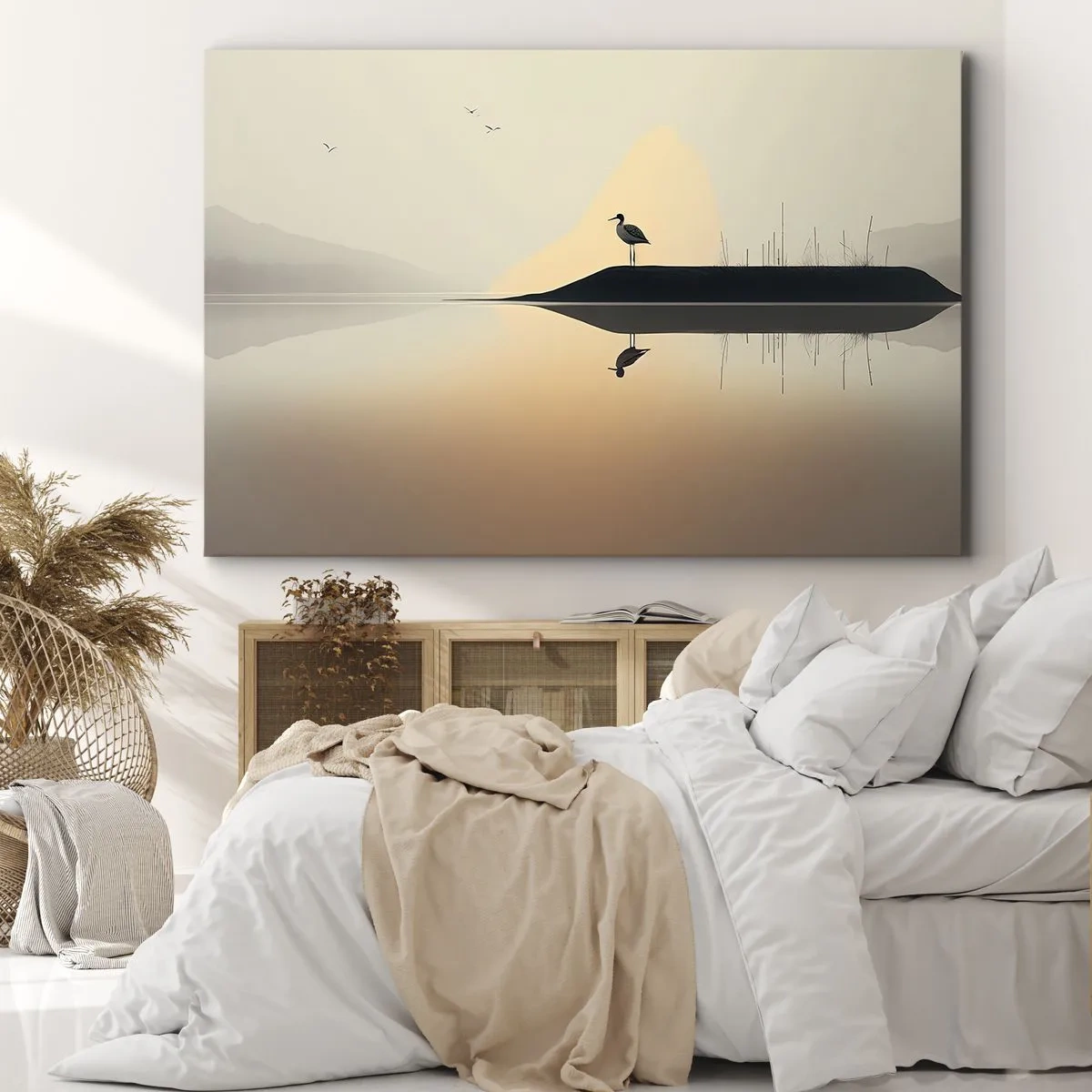 Tablou pe pânză Canvas - O pasăre pe o insulă într-un lac liniștit, cu nuanțe calde - 70x50cm - Domn pe lac - Decorațiune modernă pentru perete pentru living și dormitor ARTTOR