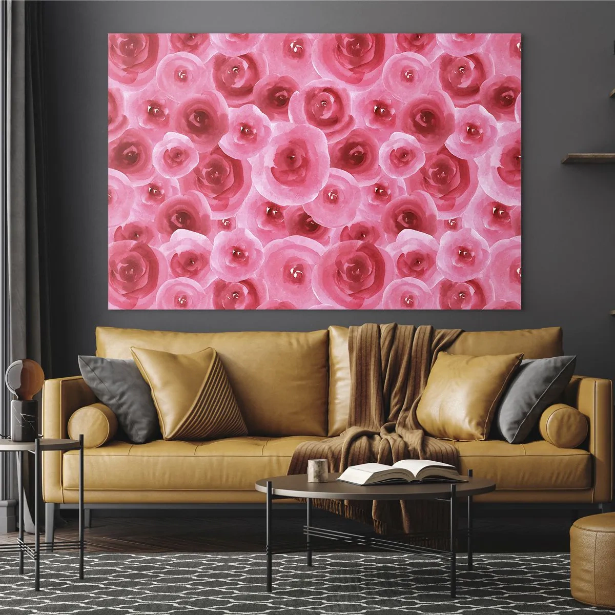 Tablou pe sticlă - Model de trandafir în acuarelă în nuanțe de roșu și roz - 70x50cm - Trandafiri de sus în jos - Decorațiune modernă pentru perete pentru living și dormitor ARTTOR