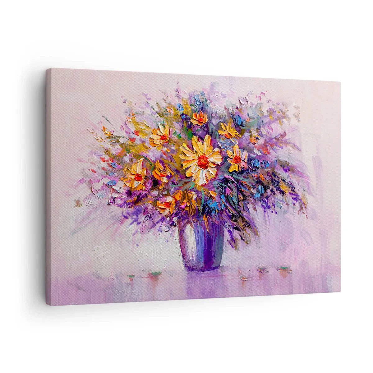 Tablou pe pânză Canvas - Un buchet de flori într-o vază pe un fundal pastel - 70x50cm - Miroase dulce, arată dulce - Decorațiune modernă pentru perete pentru living și dormitor ARTTOR