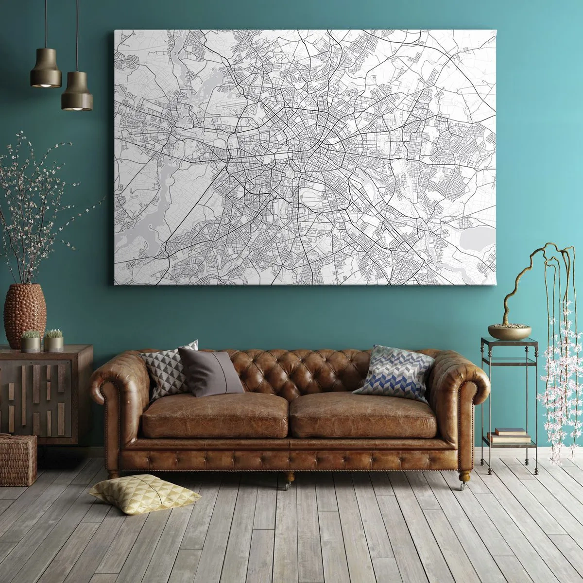 Tablou pe pânză Canvas - Hartă detaliată a orașului alb-negru - 70x50cm - Floare de Berlin - Decorațiune modernă pentru perete pentru living și dormitor ARTTOR