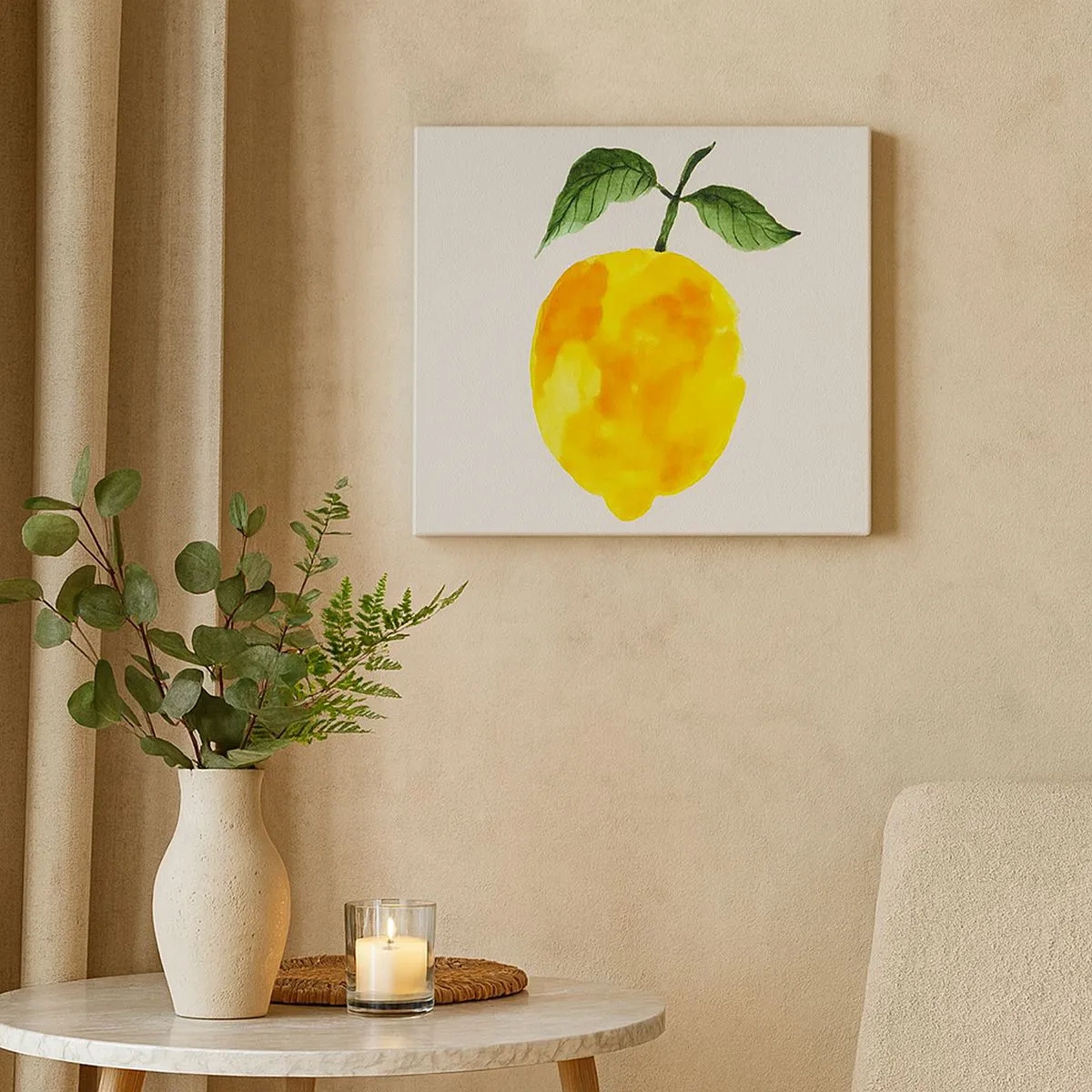 Tablou pe pânză Canvas - Lămâie în acuarelă cu frunze verzi pe fundal deschis - 70x50cm - Cum să simțiți gustul soarelui - Decorațiune modernă pentru perete pentru living și dormitor ARTTOR