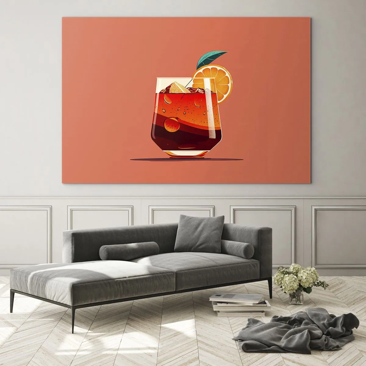 Tablou pe sticlă - O băutură colorată cu portocale pe un fundal cald de piersică - 70x50cm - Răcoare de vară - Decorațiune modernă pentru perete pentru living și dormitor ARTTOR