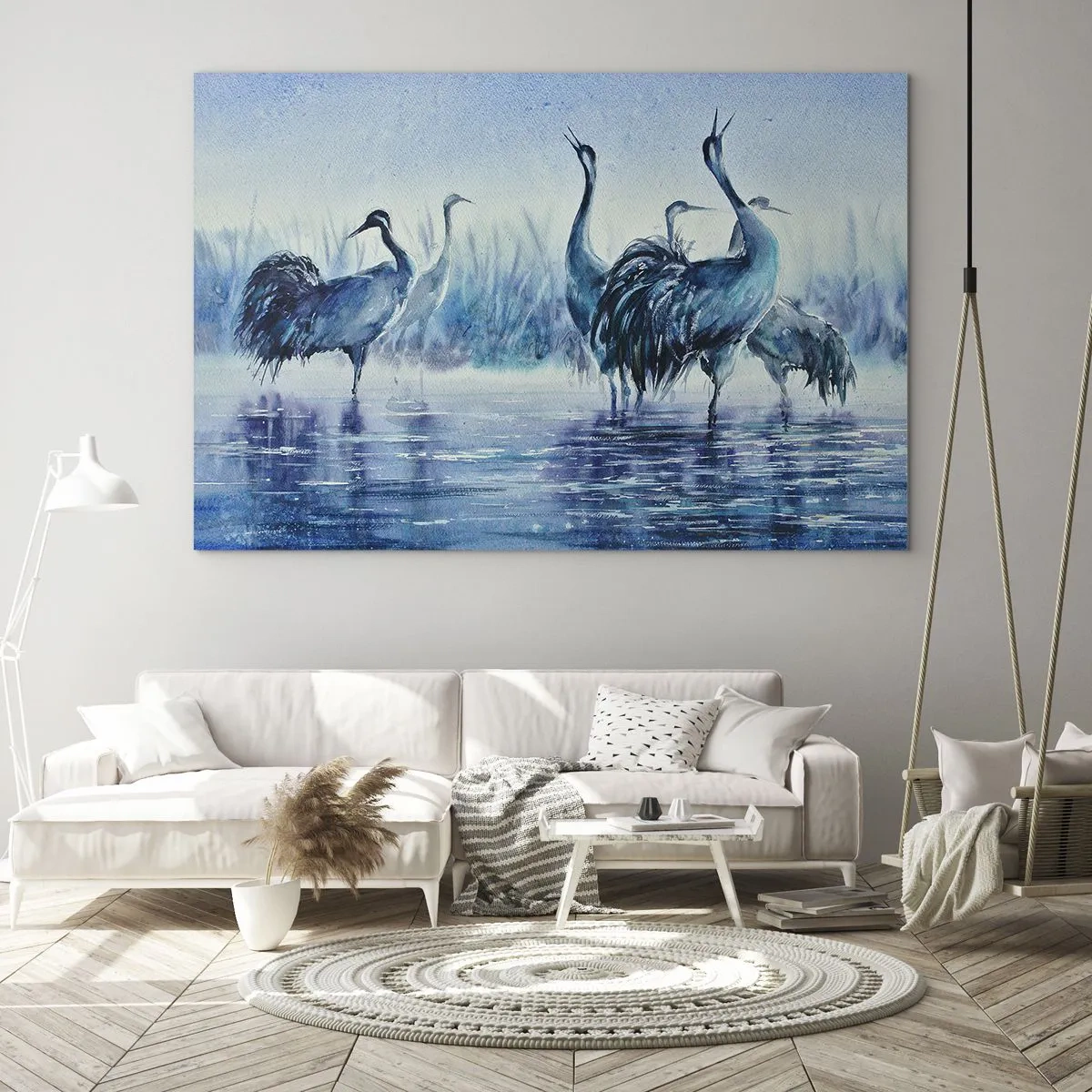 Tablou pe sticlă - Păsări care se plimbă prin apă albastră - 70x50cm - Întâlnirea de dimineață - Decorațiune modernă pentru perete pentru living și dormitor ARTTOR