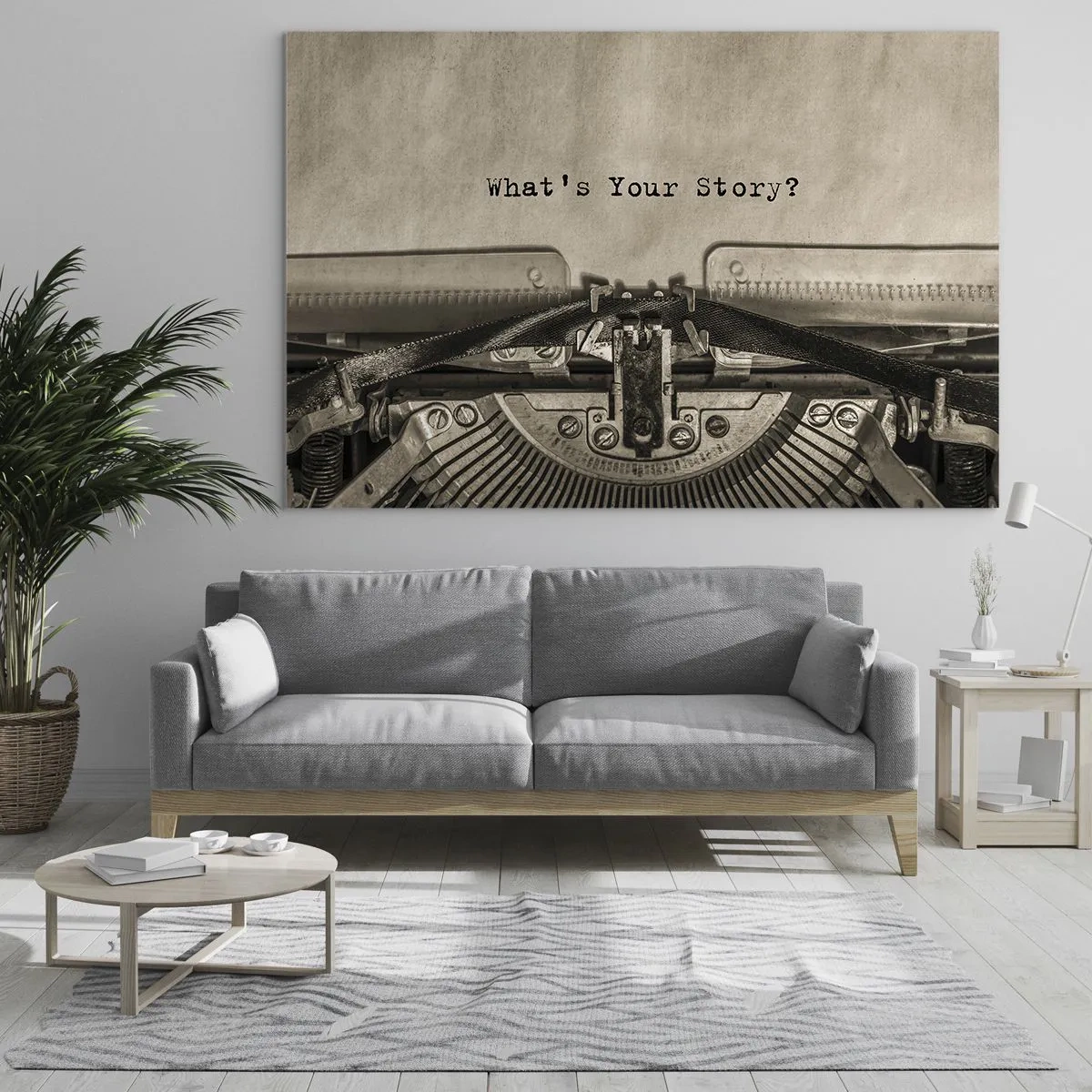 Tablou pe sticlă - Prim-plan al unei mașini de scris cu textul „Care este povestea ta?” - 70x50cm - Spune-mi - Decorațiune modernă pentru perete pentru living și dormitor ARTTOR