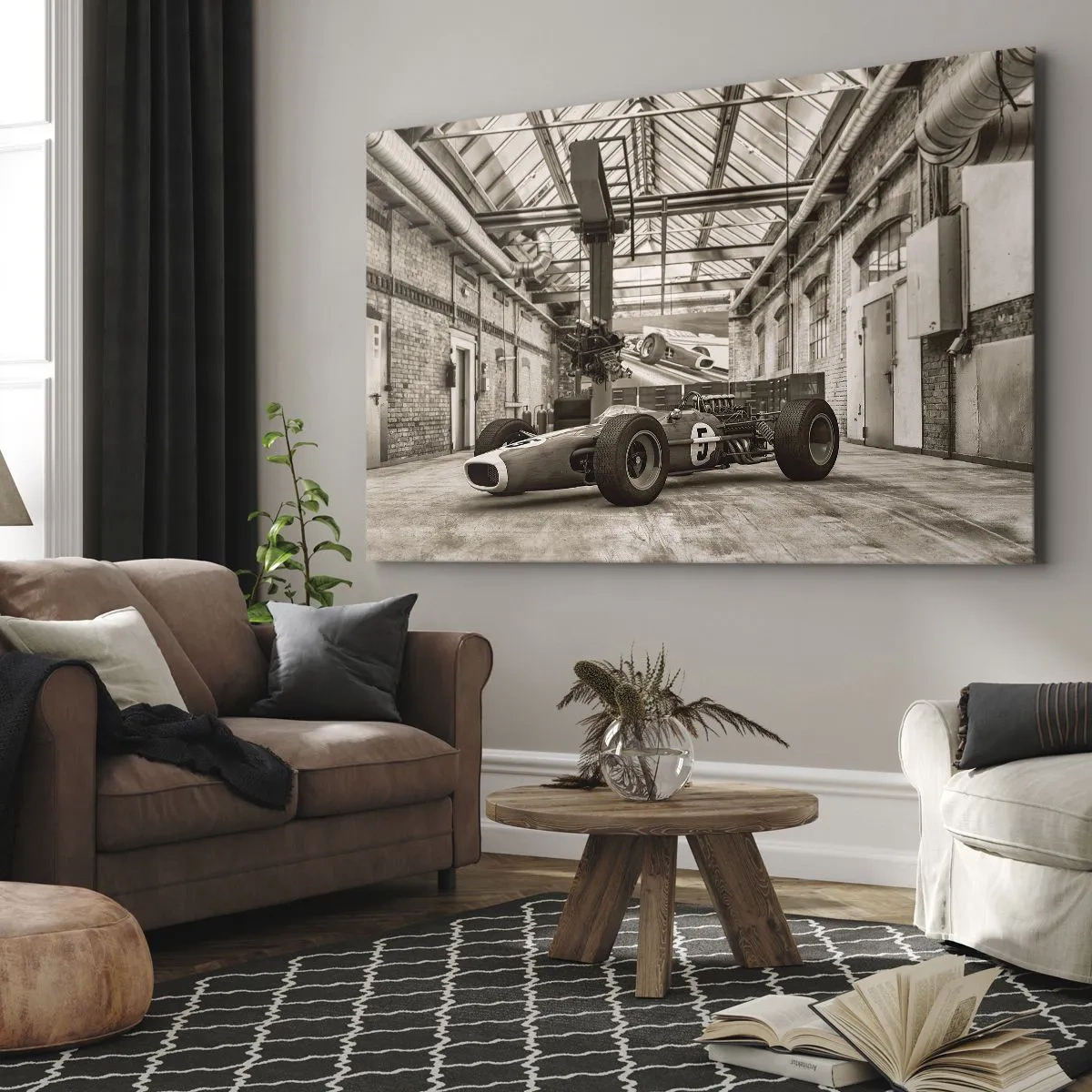 Tablou pe pânză Canvas - Mașină de curse alb-negru într-un interior industrial - 70x50cm - Odihna învingătorului - Decorațiune modernă pentru perete pentru living și dormitor ARTTOR