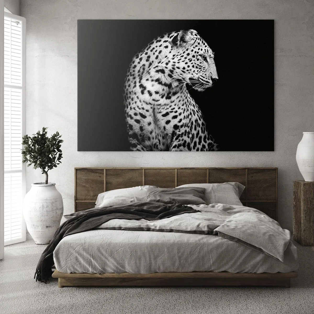 Tablou pe sticlă - Un leopard în lumină alb-negru pe o fereastră - 70x50cm - Profilul drept perfect! - Decorațiune modernă pentru perete pentru living și dormitor ARTTOR
