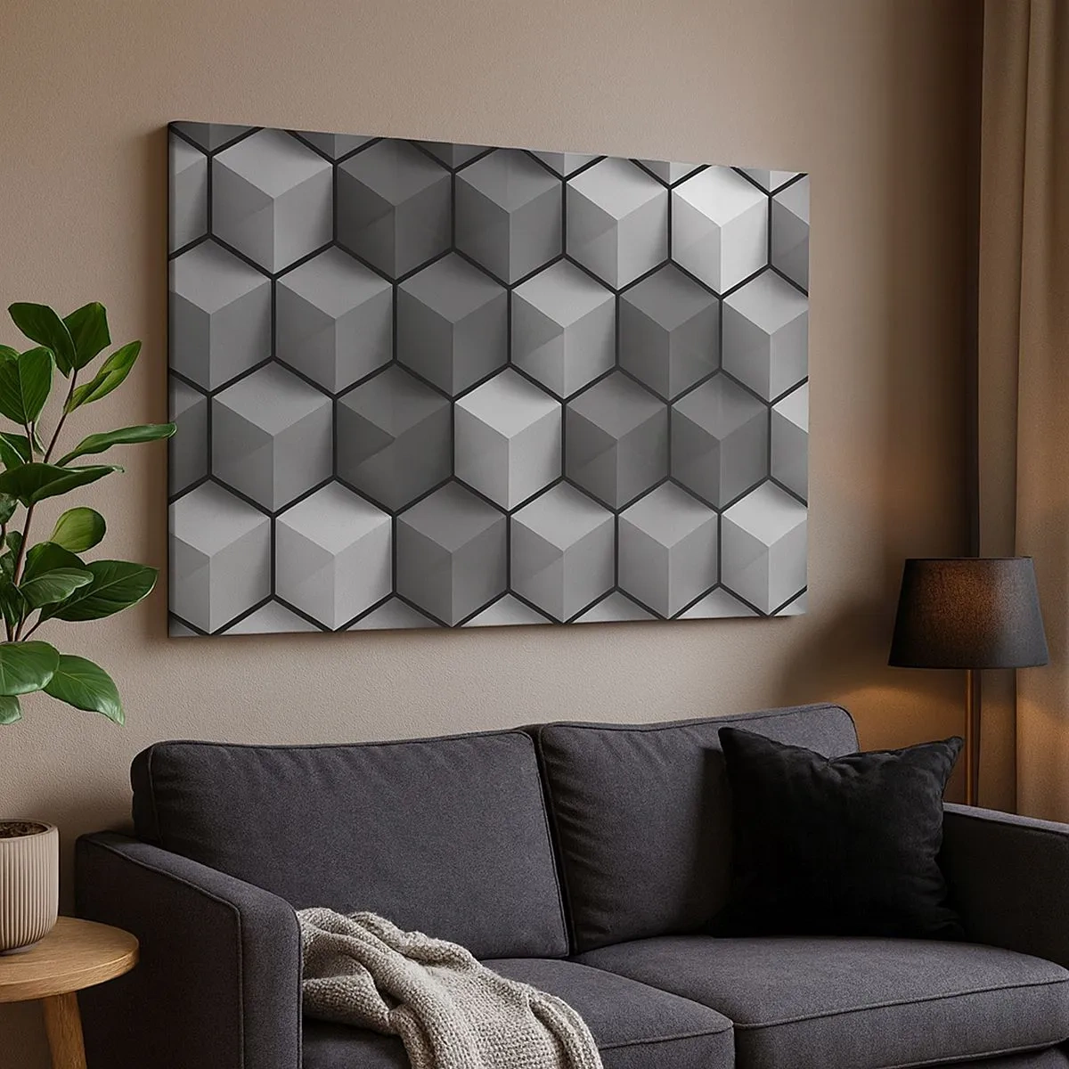 Tablou pe pânză Canvas - Compoziție geometrică de cuburi în nuanțe de gri și negru - 70x50cm - Puzzle cubist - Decorațiune modernă pentru perete pentru living și dormitor ARTTOR
