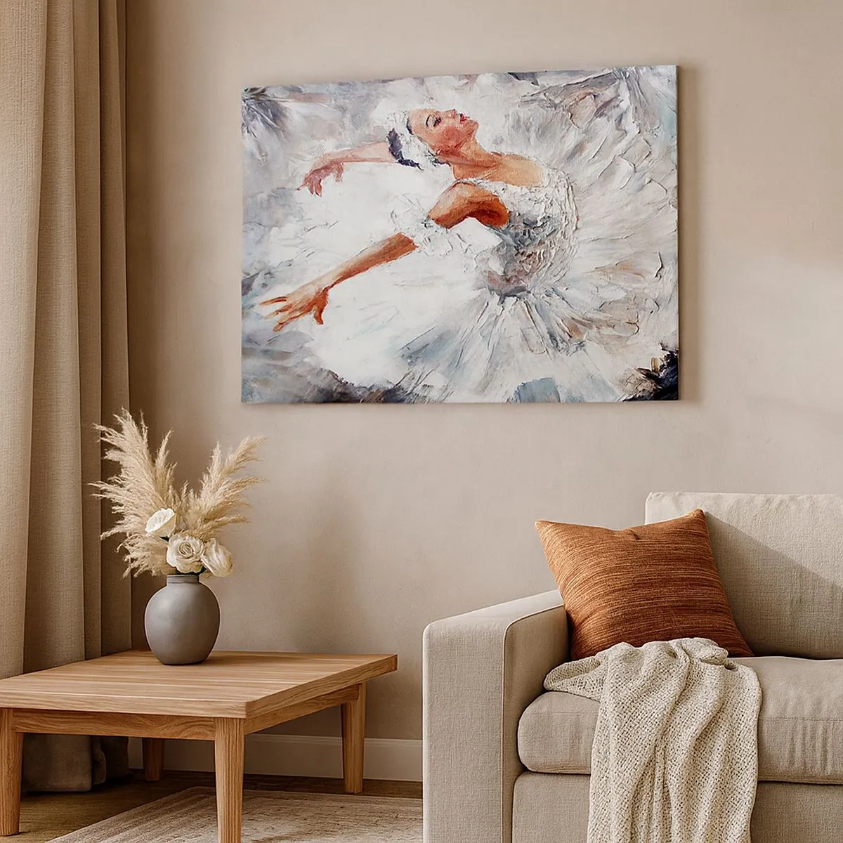 Tablou pe pânză Canvas - O balerină într-o rochie albă dansând - 70x50cm - Moale și ușoară ca tulul - Decorațiune modernă pentru perete pentru living și dormitor ARTTOR