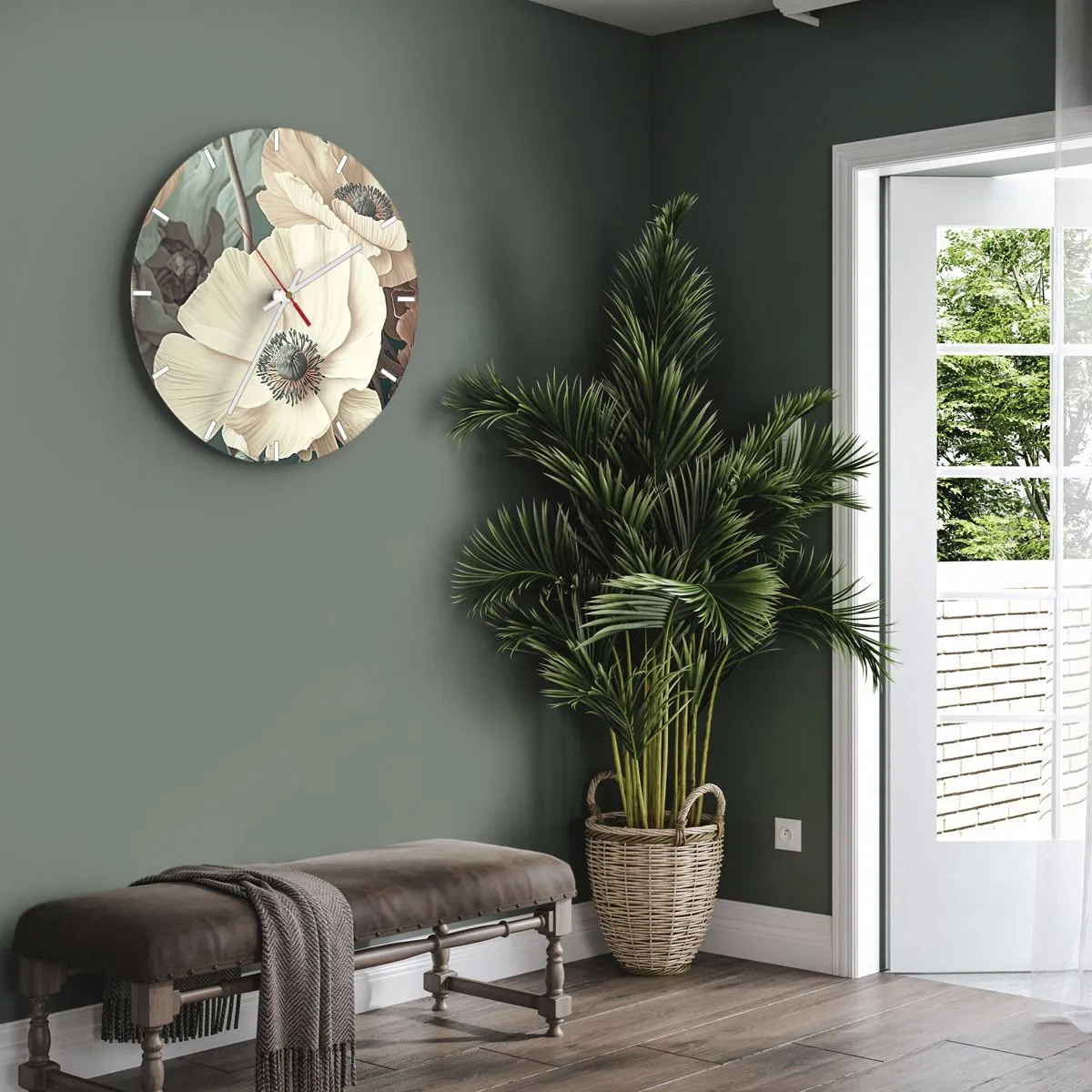 Ceas de perete - Ceas pe sticlă - Flori de mac crem pe un fundal de frunze într-o paletă pastelată, estompată - 30x30cm - Șoapta macilor - Decorațiune modernă pentru perete pentru living, bucătărie și dormitor ARTTOR