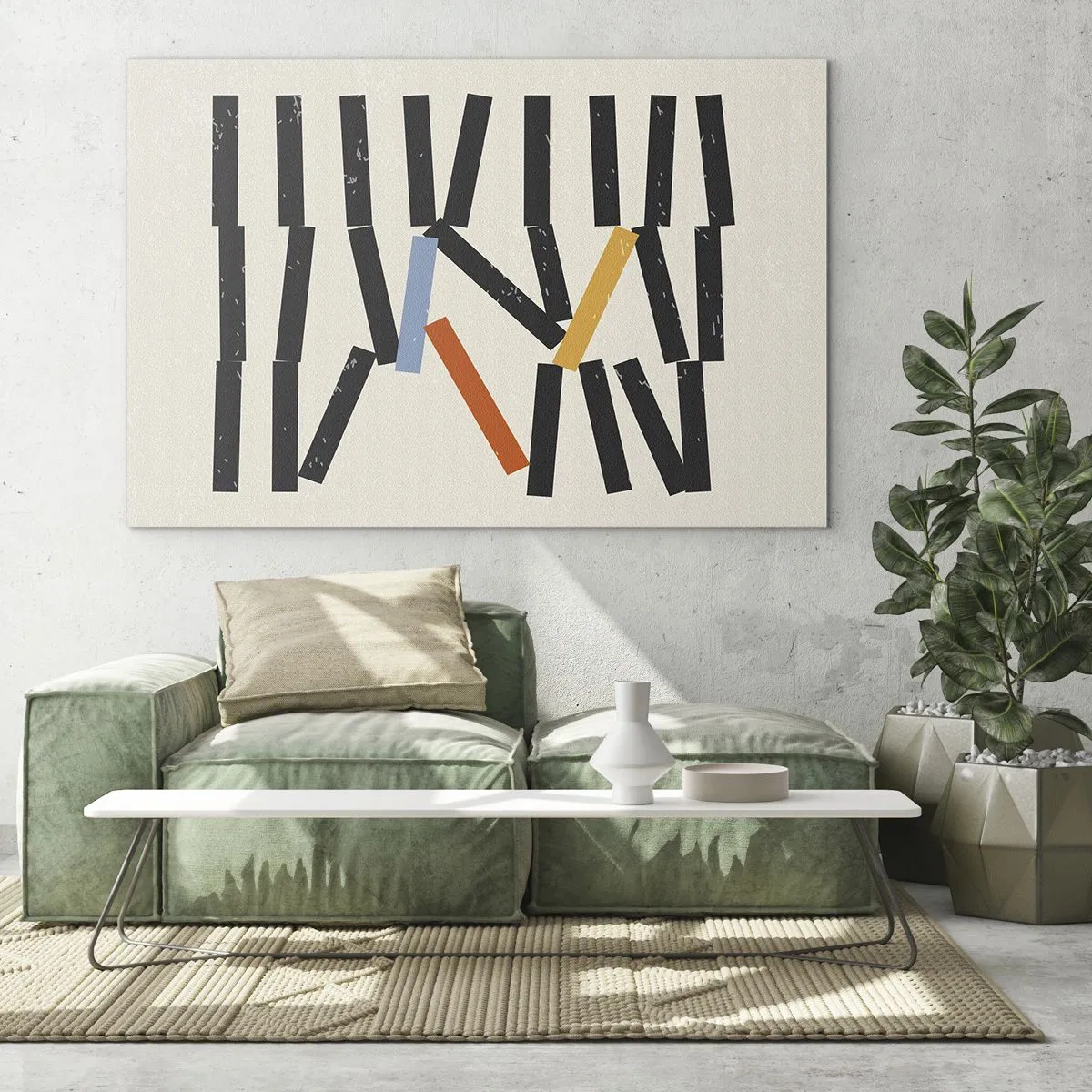 Tablou pe sticlă - O compoziție grafică stilizată ca niște piese de domino cu accente de culoare. - 70x50cm - Domino - compoziție - Decorațiune modernă pentru perete pentru living și dormitor ARTTOR