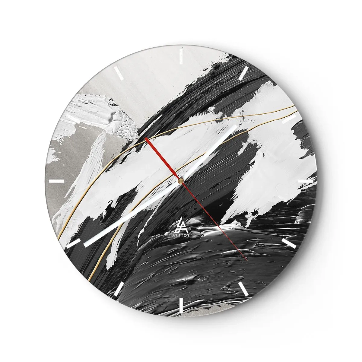 Ceas de perete - Ceas pe sticlă - Tușe dinamice de pensulă în negru, alb și gri - 30x30cm - Abstracție cu fler - Decorațiune modernă pentru perete pentru living, bucătărie și dormitor ARTTOR