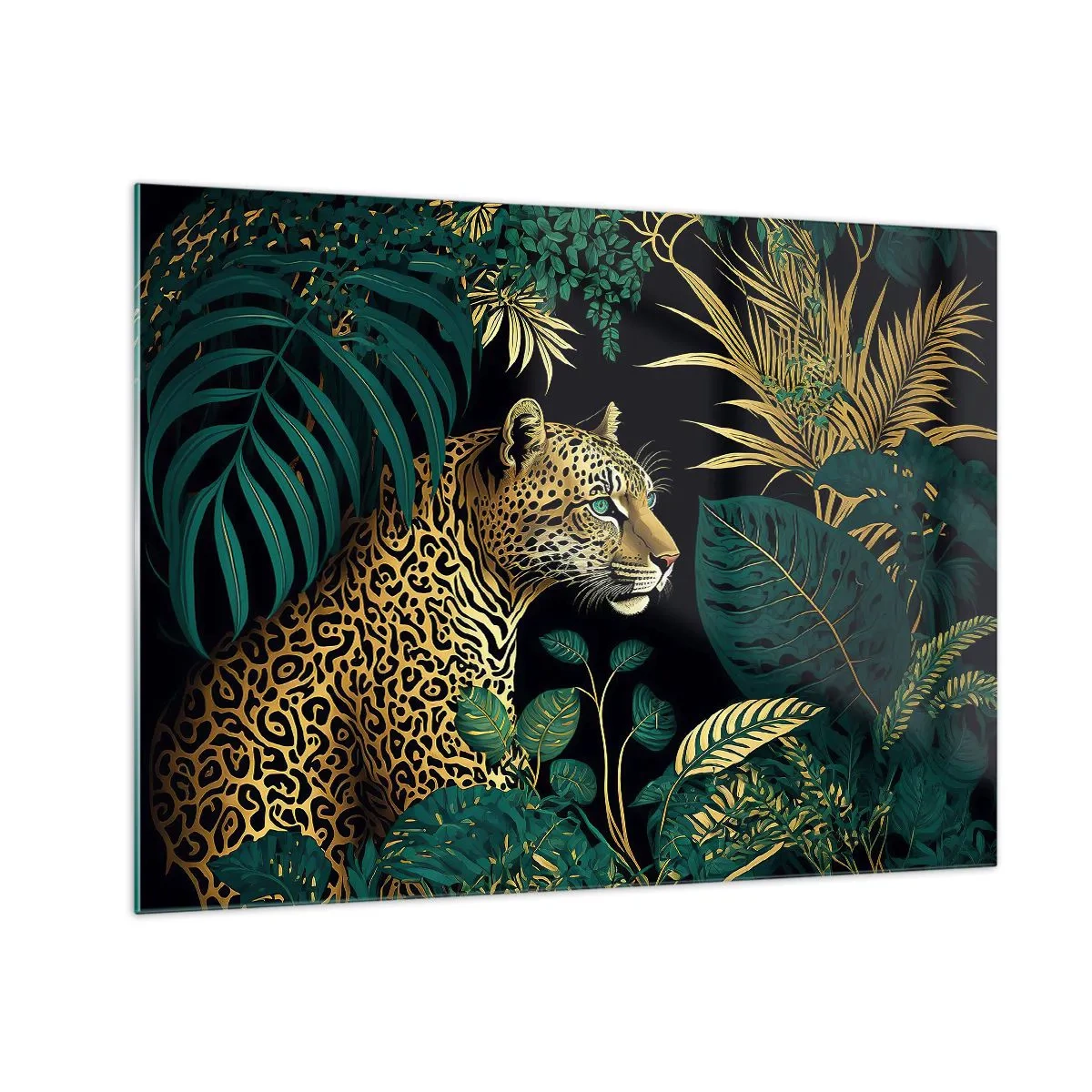 Tablou pe sticlă - Un leopard printre frunze tropicale pe un fundal întunecat - 70x50cm - Domnitorul junglei - Decorațiune modernă pentru perete pentru living și dormitor ARTTOR