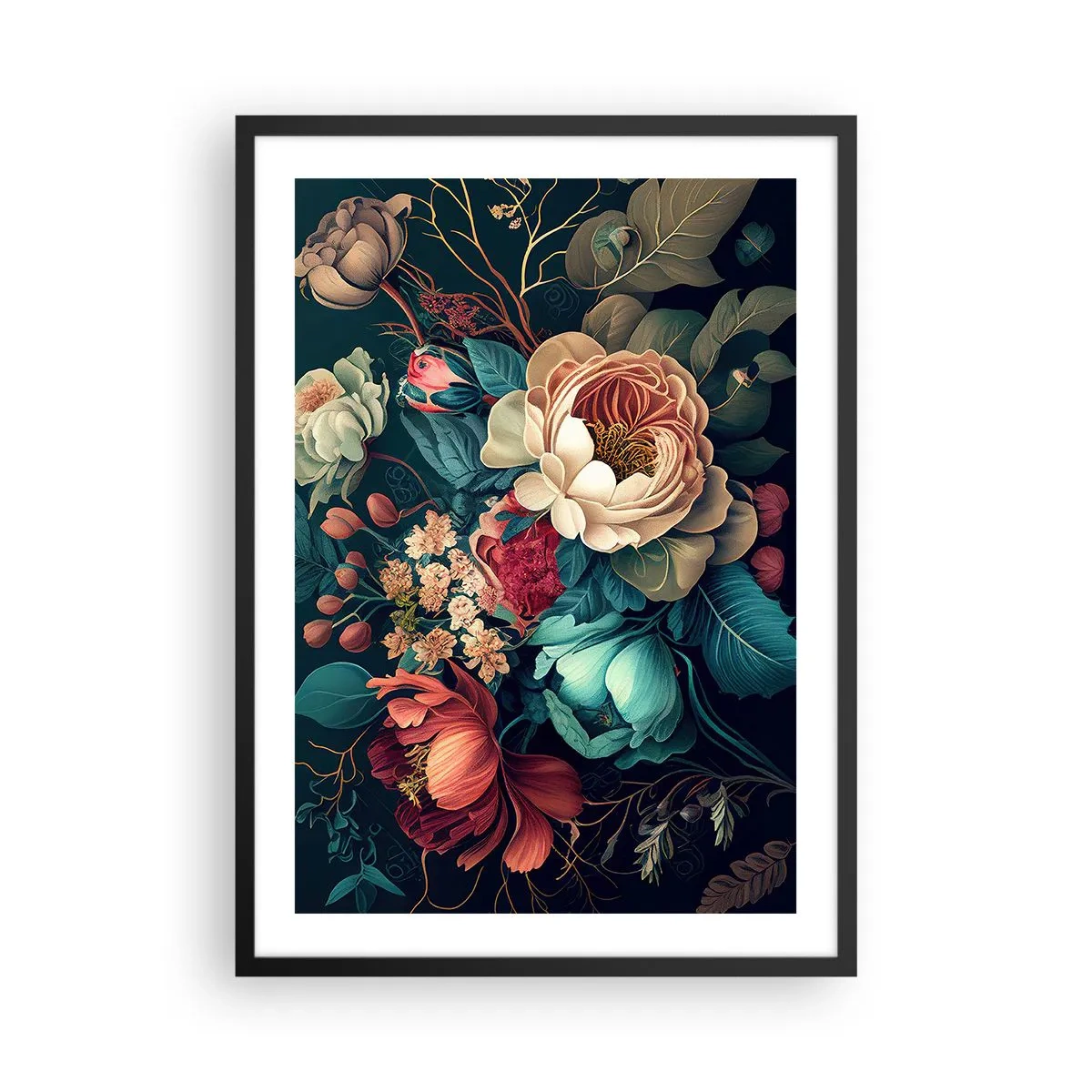 Poster în ramă neagră - Un buchet de flori în stil baroc pe un fundal întunecat - 50x70cm - Farmecul secolului al XIX-lea - Decorațiune modernă pentru perete pentru living și dormitor ARTTOR