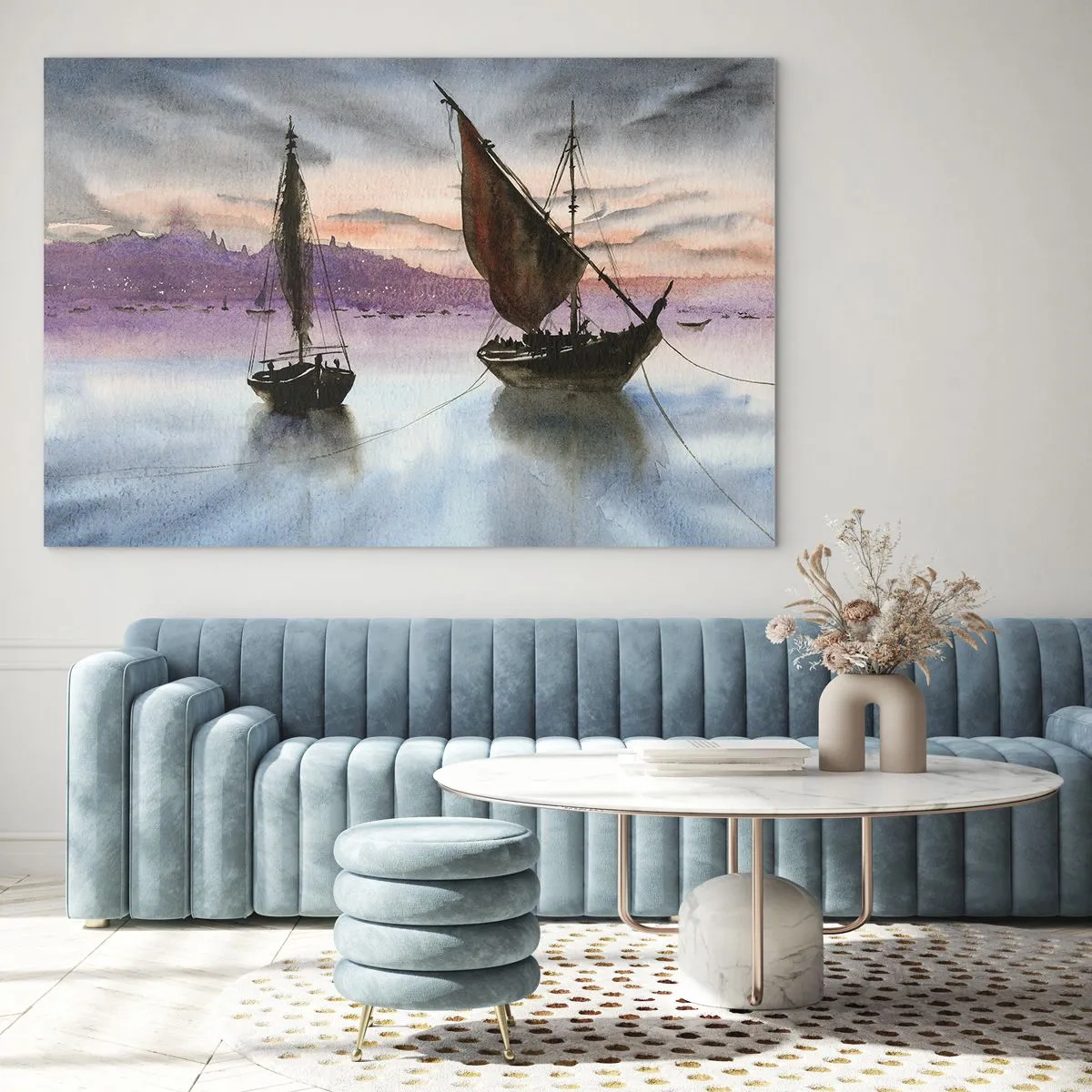 Tablou pe sticlă - Două bărci cu pânze pe ape calme la apus - 70x50cm - O seară în port - Decorațiune modernă pentru perete pentru living și dormitor ARTTOR