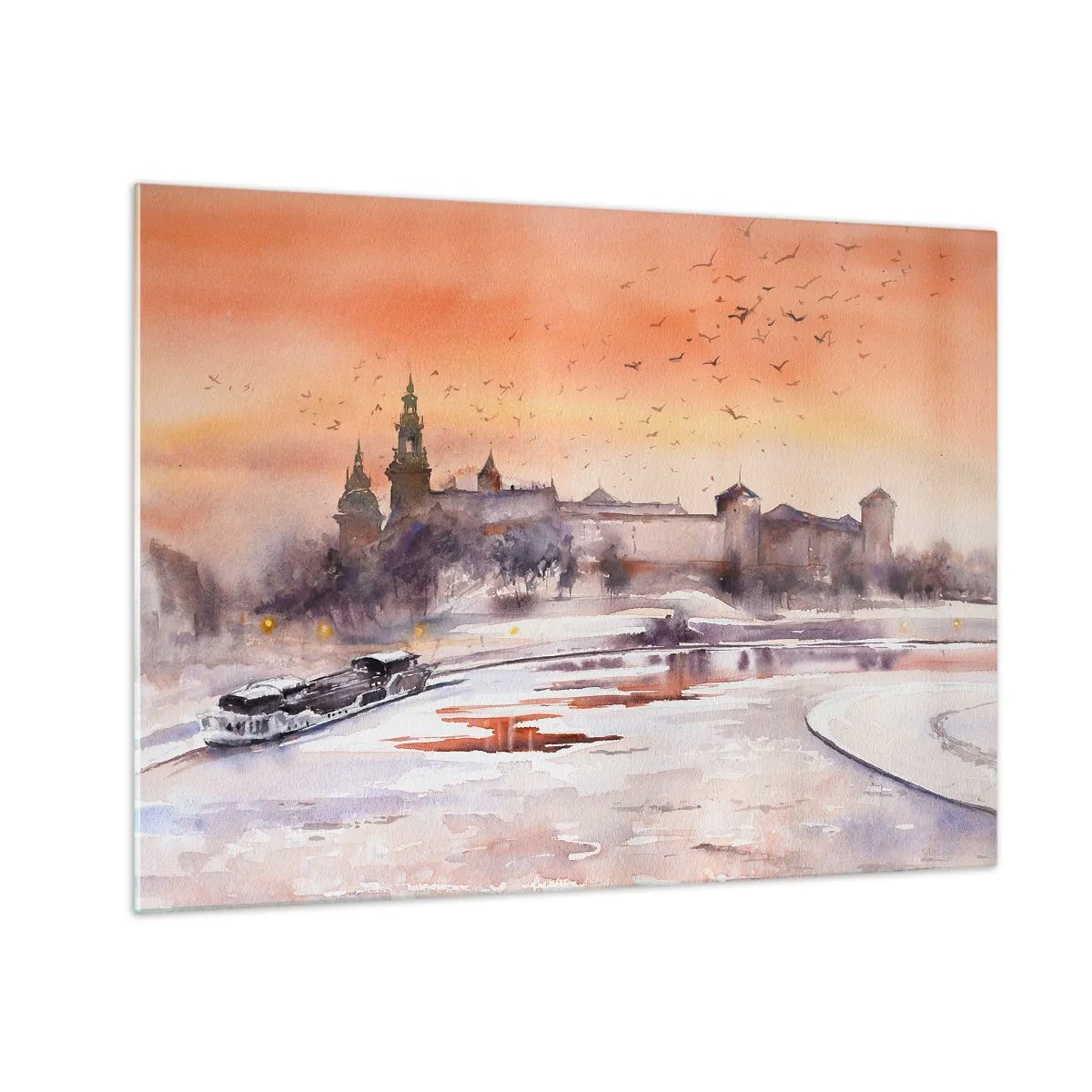 Tablou pe sticlă - Apus de soare peste castelul regal și râu iarna - 70x50cm - Apus de soare regal - Decorațiune modernă pentru perete pentru living și dormitor ARTTOR