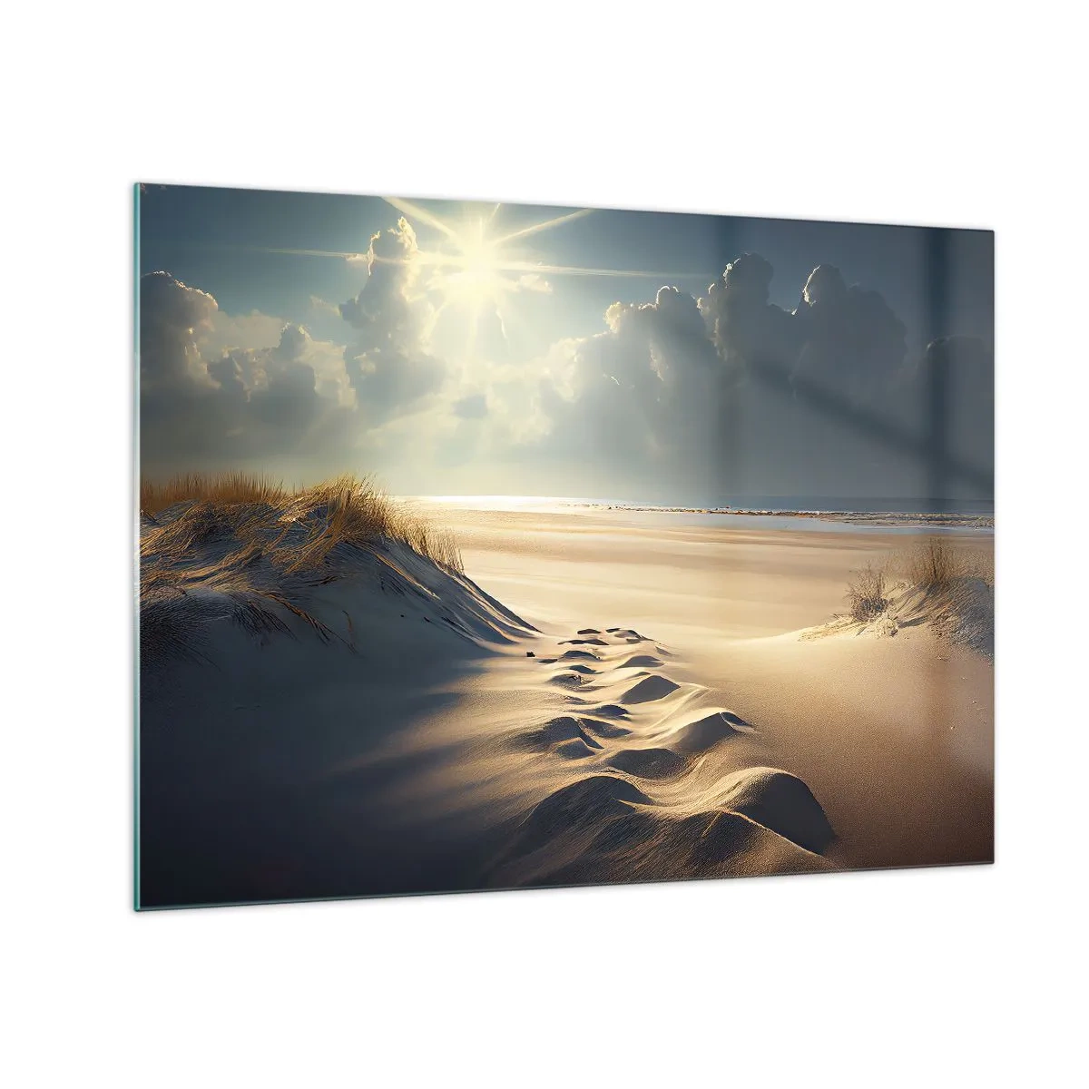 Tablou pe sticlă - Dune aurii iluminate de razele soarelui - 70x50cm - Peisaj liniștitor - Decorațiune modernă pentru perete pentru living și dormitor ARTTOR