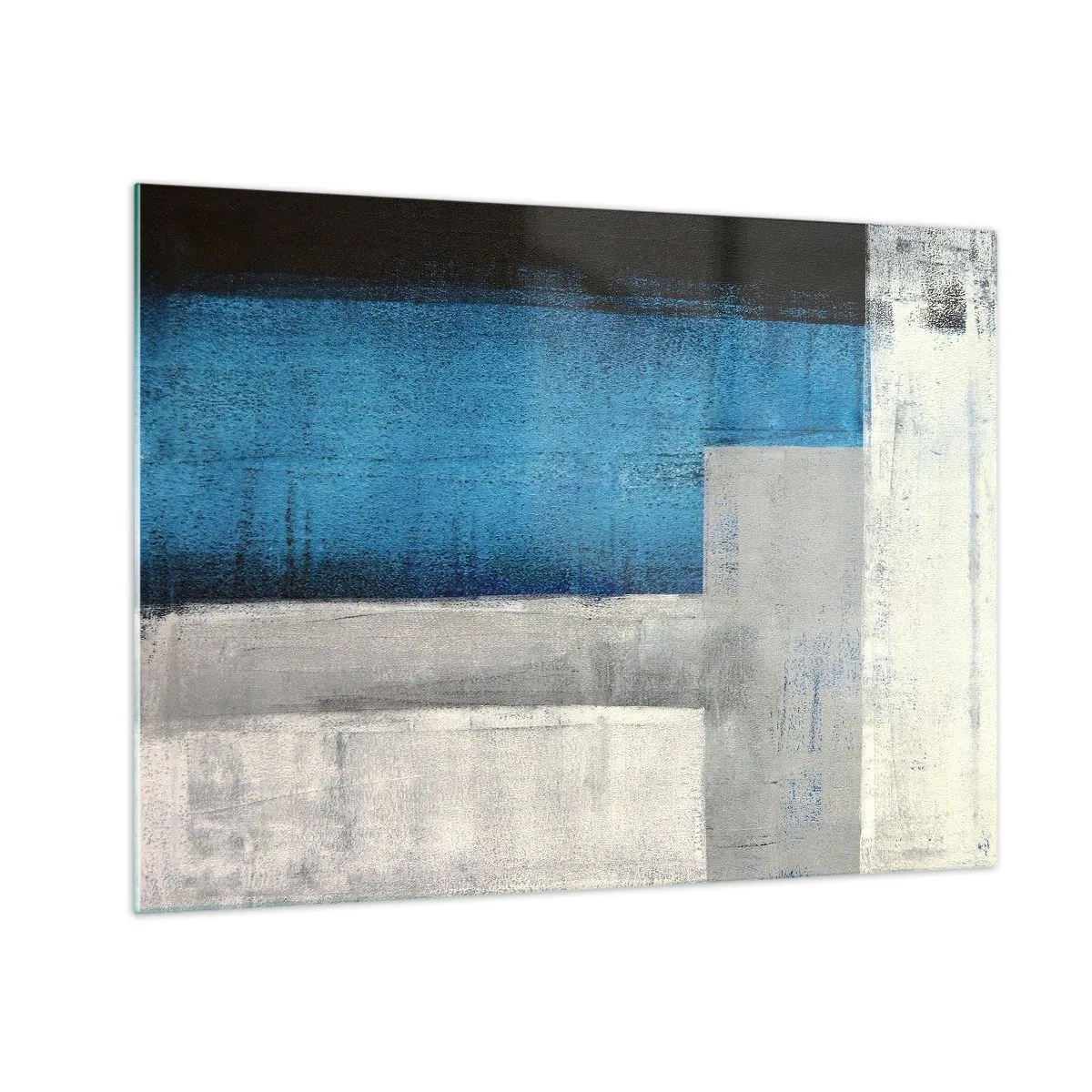 Tablou pe sticlă - Abstracție geometrică în albastru, gri și alb - 70x50cm - Compoziție poetică de gri și albastru - Decorațiune modernă pentru perete pentru living și dormitor ARTTOR