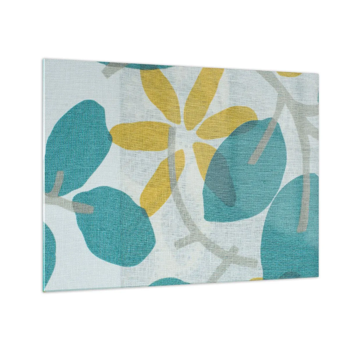 Tablou pe sticlă - O grafică vegetală cu frunze azurii și flori galbene - 70x50cm - Printre frunzele de azur - Decorațiune modernă pentru perete pentru living și dormitor ARTTOR