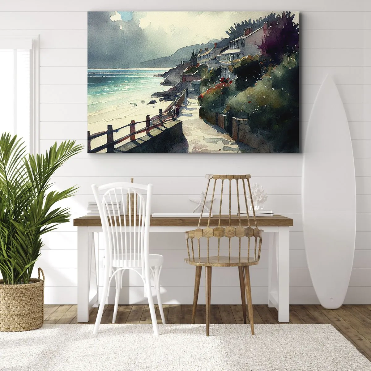 Tablou pe pânză Canvas - Promenadă de pe malul mării cu case și vegetație - 70x50cm - Orășel mediteraneean - Decorațiune modernă pentru perete pentru living și dormitor ARTTOR