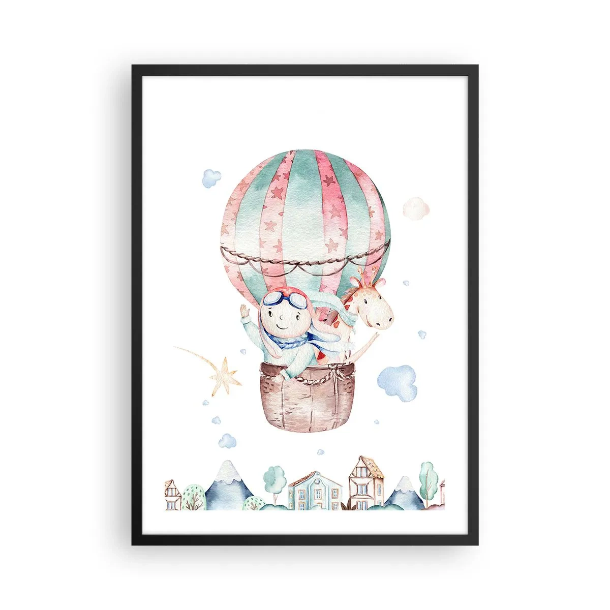 Poster în ramă neagră - ilustrație drăguță a unui ursuleț de pluș care zboară într-un balon deasupra unui oraș - 50x70cm - Ne vom întoarce în curând! - Decorațiune modernă pentru perete pentru living și dormitor ARTTOR