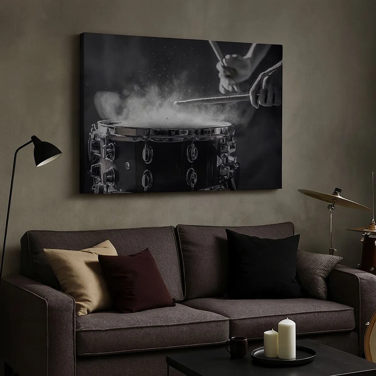 Tablou pe pânză Canvas - Lovind toba mică cu bețe cu efect de praf - 70x50cm - Pulsul muzicii - Decorațiune modernă pentru perete pentru living și dormitor ARTTOR