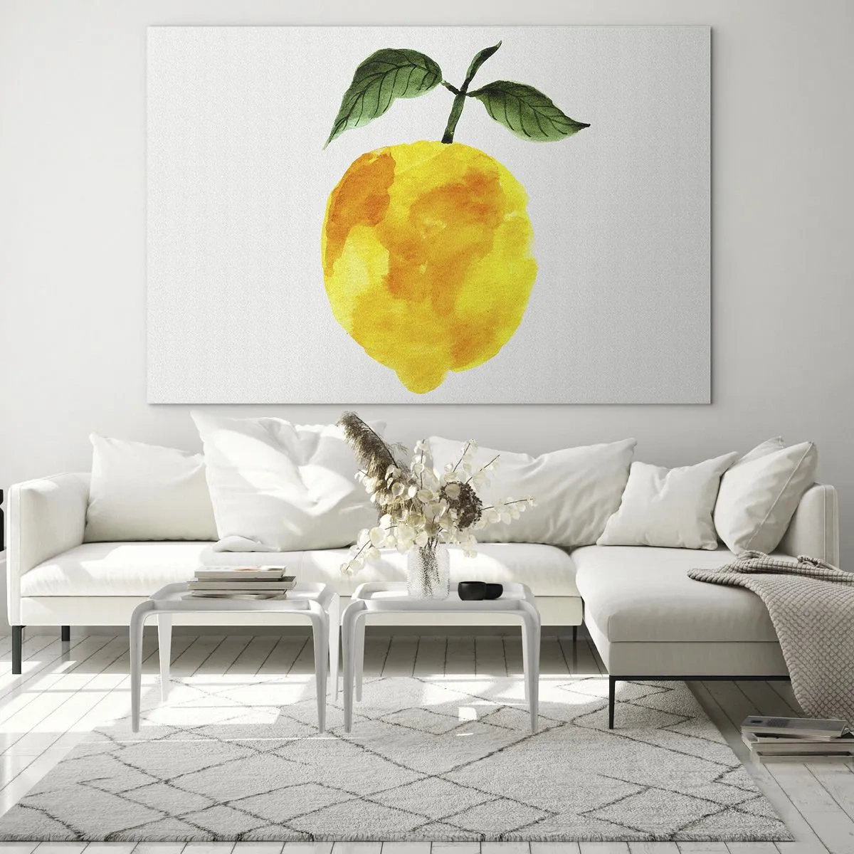 Tablou pe sticlă - Lămâie în acuarelă cu frunze verzi - 70x50cm - Cum să simțiți gustul soarelui - Decorațiune modernă pentru perete pentru living și dormitor ARTTOR