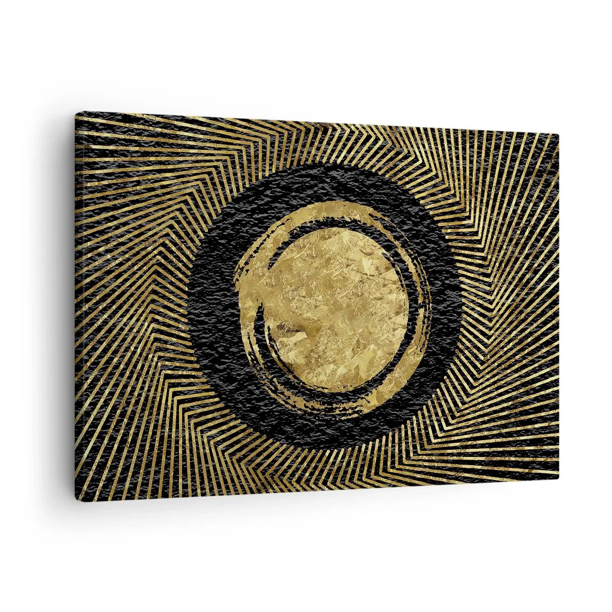 Tablou pe pânză Canvas - Compoziție geometrică în negru și auriu cu raze - 70x50cm - Compoziție glamour - Decorațiune modernă pentru perete pentru living și dormitor ARTTOR