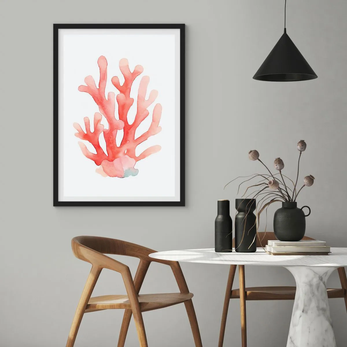 Poster în ramă neagră - Ilustrație în acuarelă a unui coral roșu pe fundal alb - 50x70cm - Culoare de coral - Decorațiune modernă pentru perete pentru living și dormitor ARTTOR