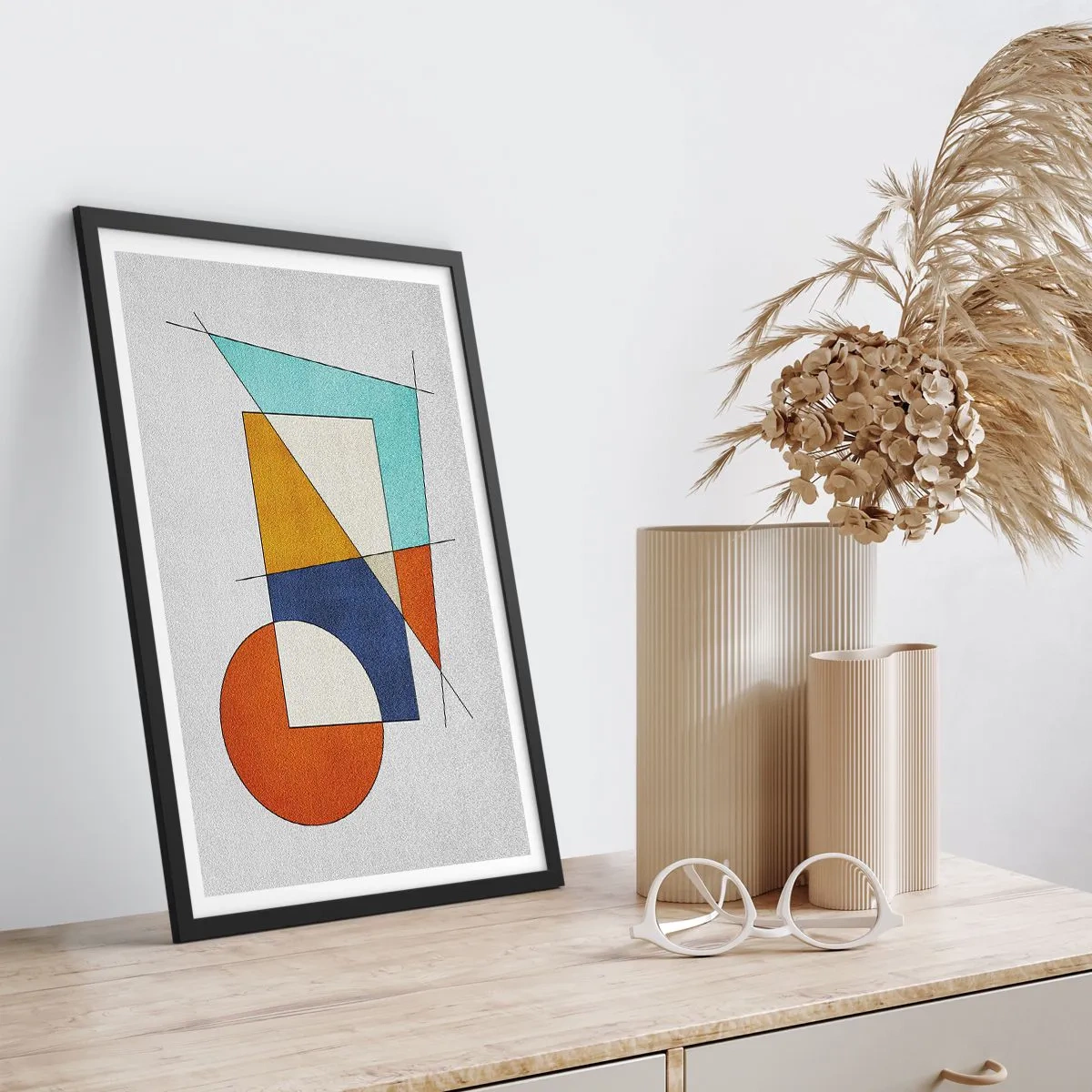 Poster în ramă neagră - Abstracție geometrică cu figuri și linii colorate - 50x70cm - Abstracție: distracție modernistă - Decorațiune modernă pentru perete pentru living și dormitor ARTTOR
