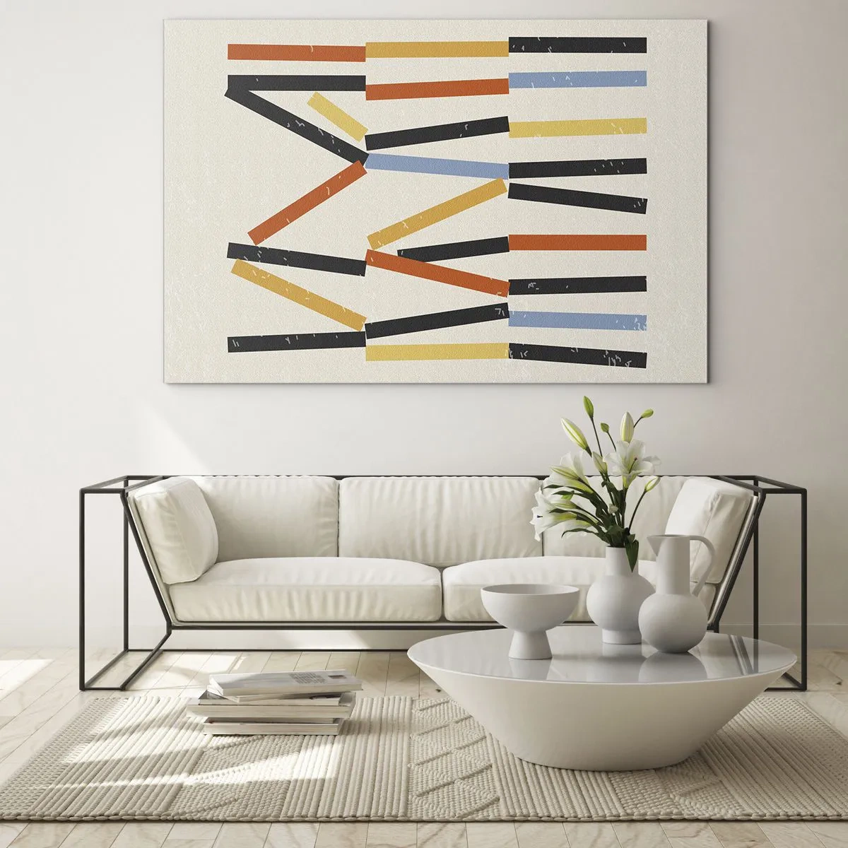 Tablou pe sticlă - Abstracție colorată a dungilor orizontale și diagonale pe un fundal deschis - 70x50cm - Compoziție la nivel - Decorațiune modernă pentru perete pentru living și dormitor ARTTOR