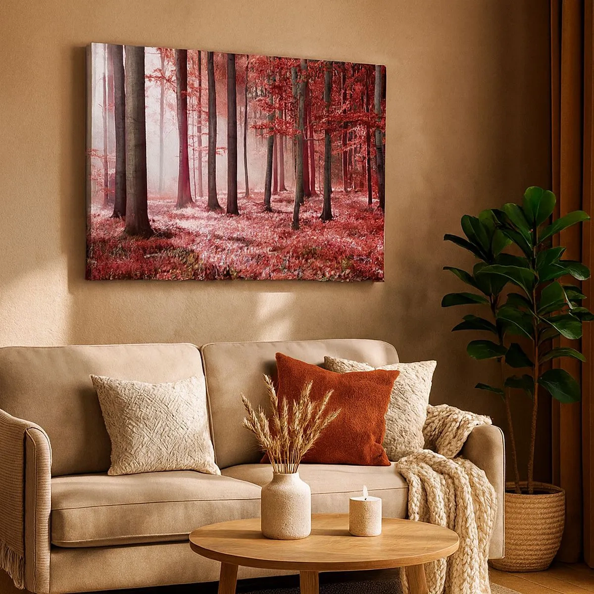 Tablou pe pânză Canvas - O pădure uimitoare în nuanțe roșii, cu raze de lumină care pătrund printre copaci - 70x50cm - Roșie este la fel de frumoasă - Decorațiune modernă pentru perete pentru living și dormitor ARTTOR