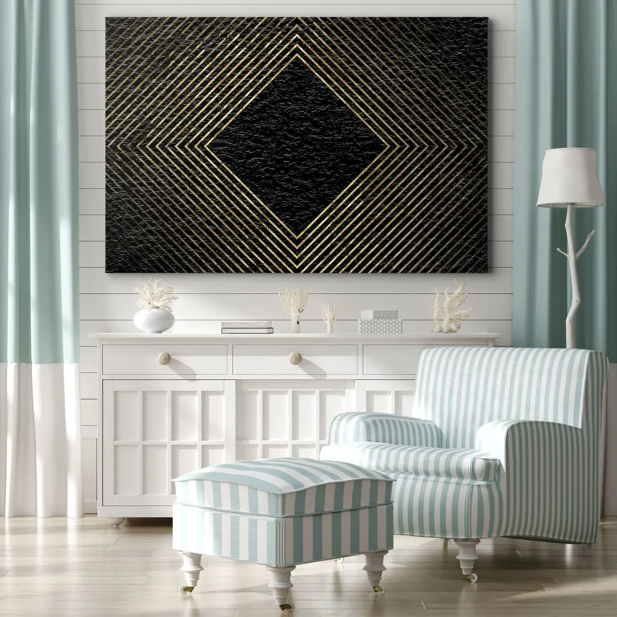 Tablou pe pânză Canvas - Fundal negru cu un model geometric de linii aurii - 70x50cm - Geometrie în stil glamour - Decorațiune modernă pentru perete pentru living și dormitor ARTTOR