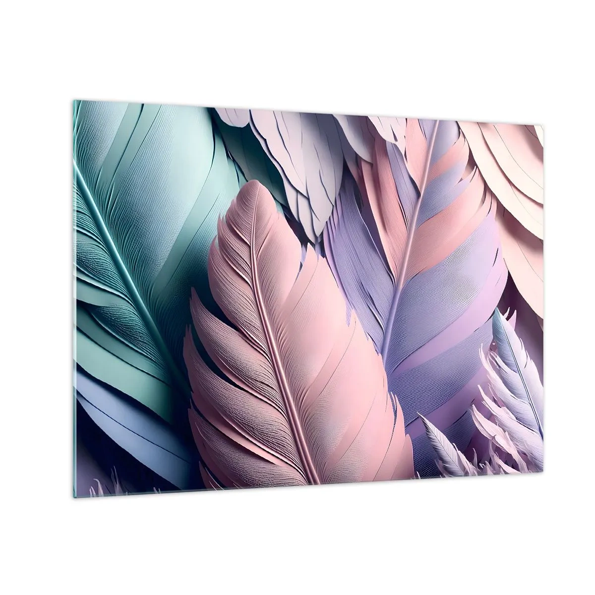 Tablou pe sticlă - Pene pastelate în nuanțe de roz, violet și turcoaz - 70x50cm - Eleganța păsărilor - Decorațiune modernă pentru perete pentru living și dormitor ARTTOR
