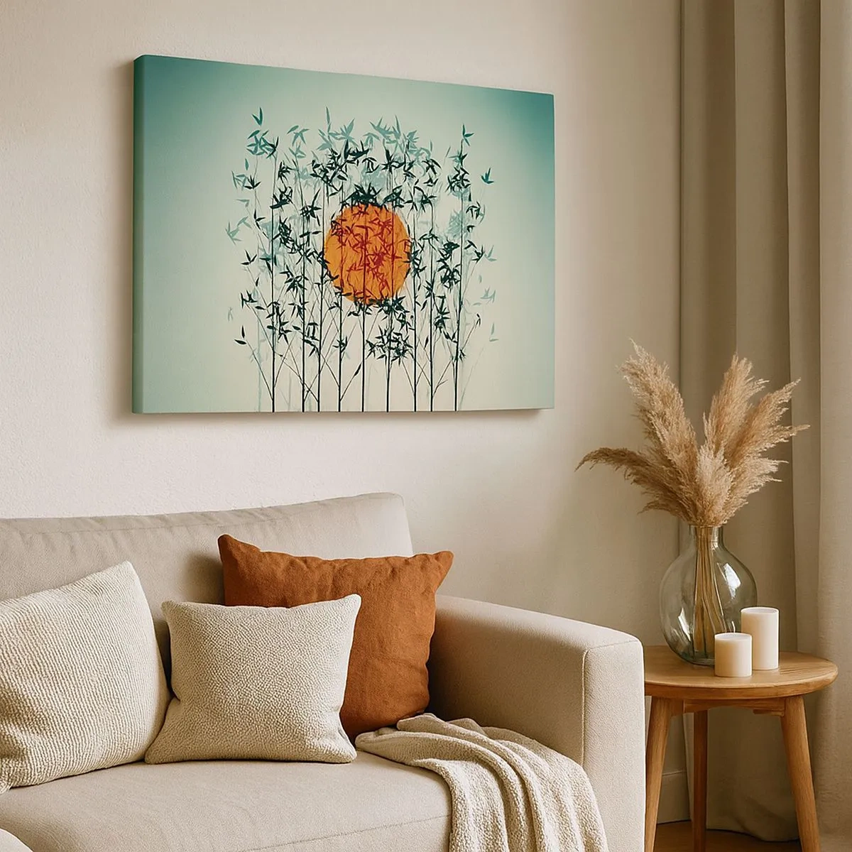 Tablou pe pânză Canvas - Soare portocaliu printre ramurile de bambus - 70x50cm - Soarele japonez - Decorațiune modernă pentru perete pentru living și dormitor ARTTOR