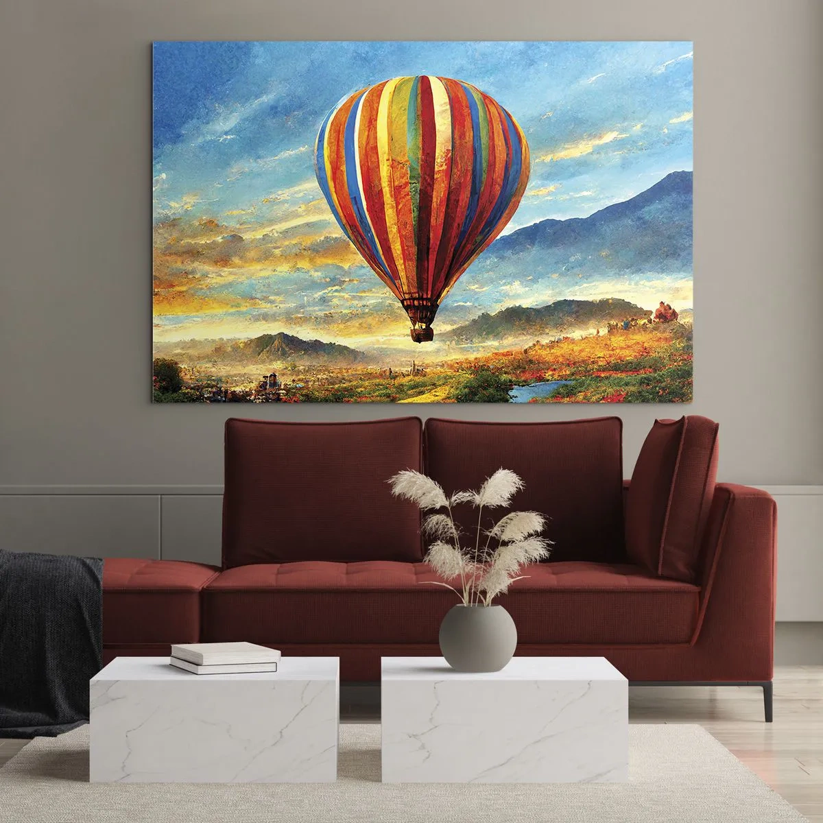Tablou pe sticlă - Un balon colorat plutind deasupra unui peisaj montan - 70x50cm - În liniște puteți vedea mai multe - Decorațiune modernă pentru perete pentru living și dormitor ARTTOR