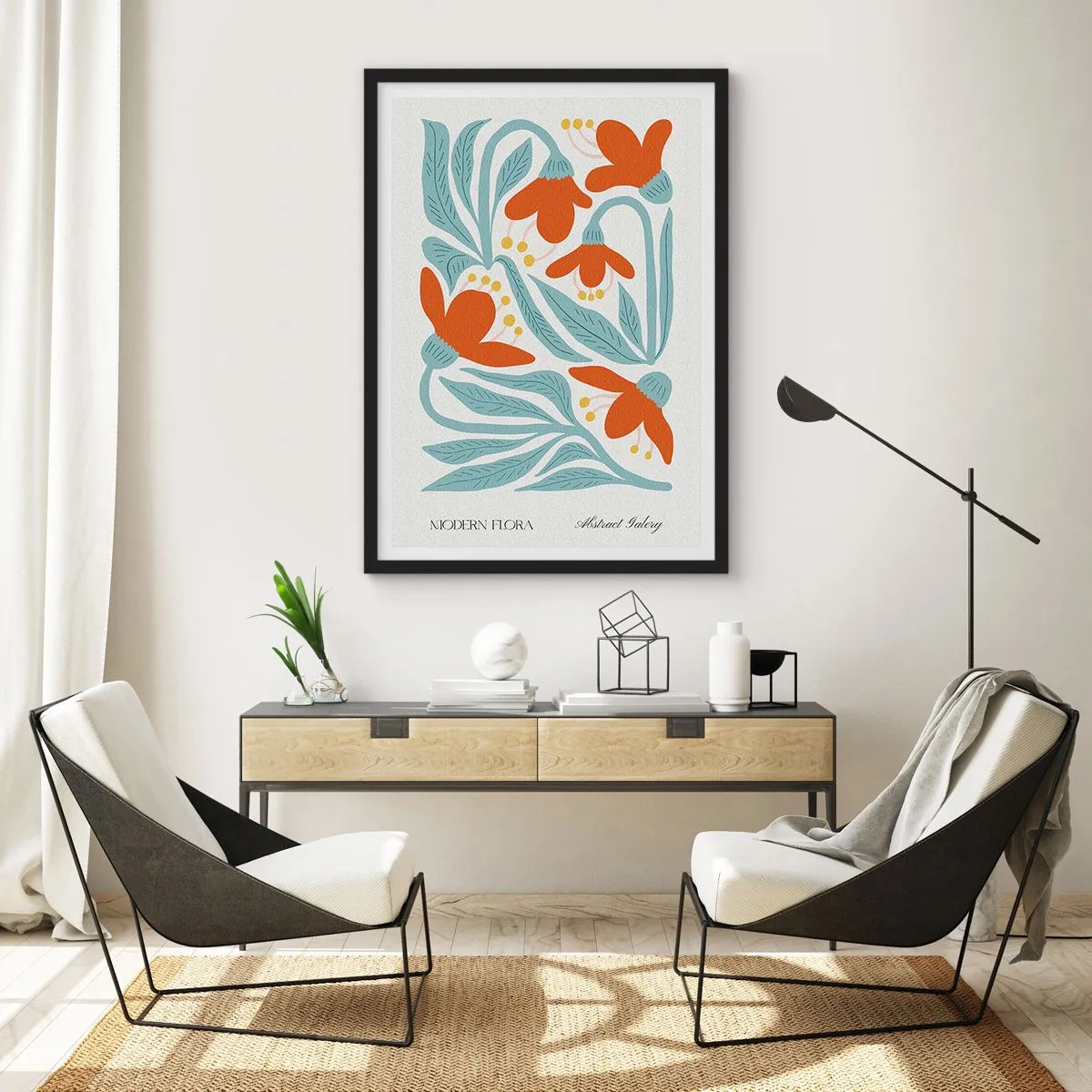 Poster în ramă neagră - Flori decorative în nuanțe de portocaliu și albastru - 50x70cm - Spre pământ, spre soare - Decorațiune modernă pentru perete pentru living și dormitor ARTTOR
