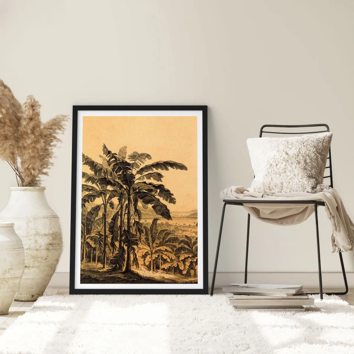 Poster în ramă neagră - Ilustrație cu palmieri pe fundalul unui peisaj tropical - 50x70cm - În stil colonial - Decorațiune modernă pentru perete pentru living și dormitor ARTTOR